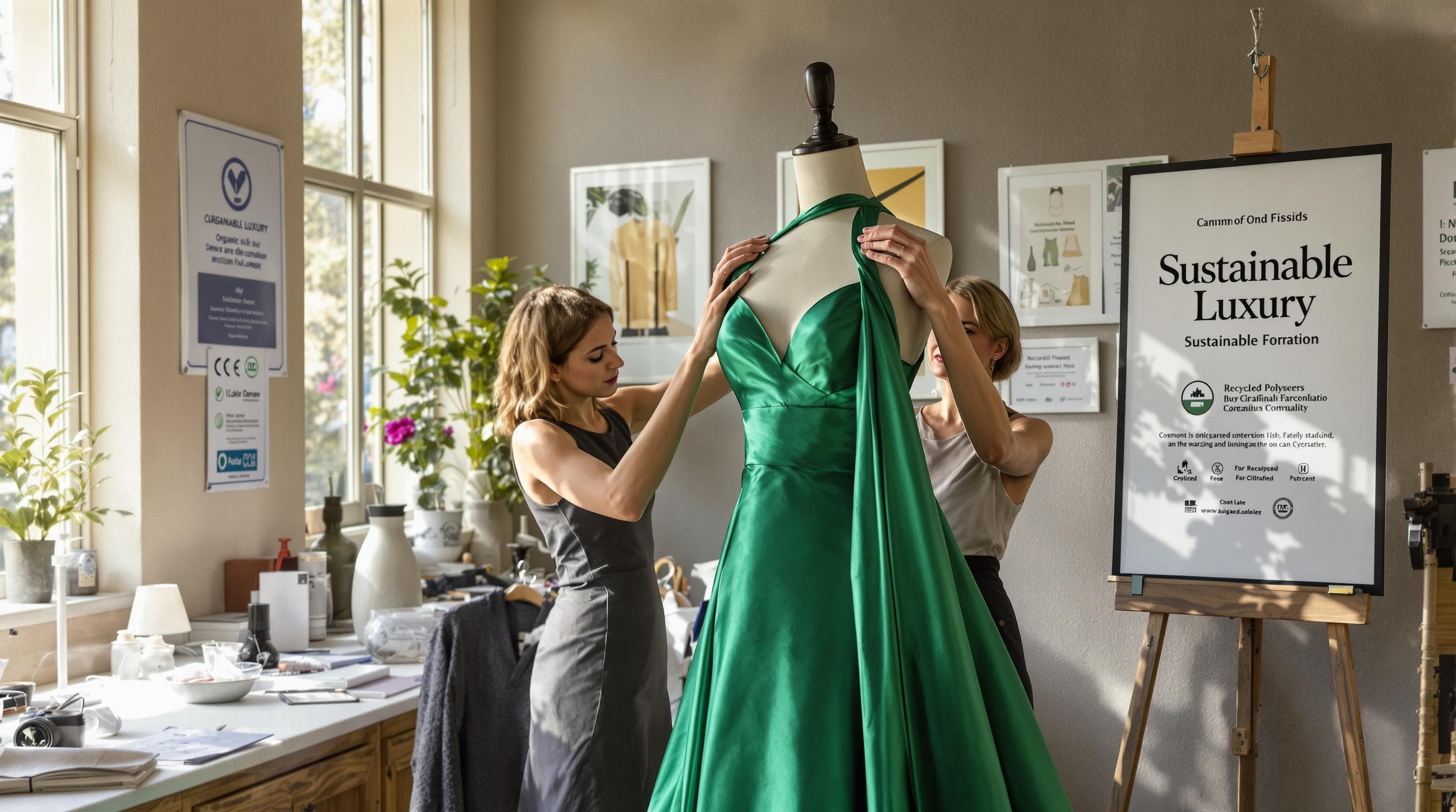 Designer prepares emerald green dress with sustainable fabric in fashion studio