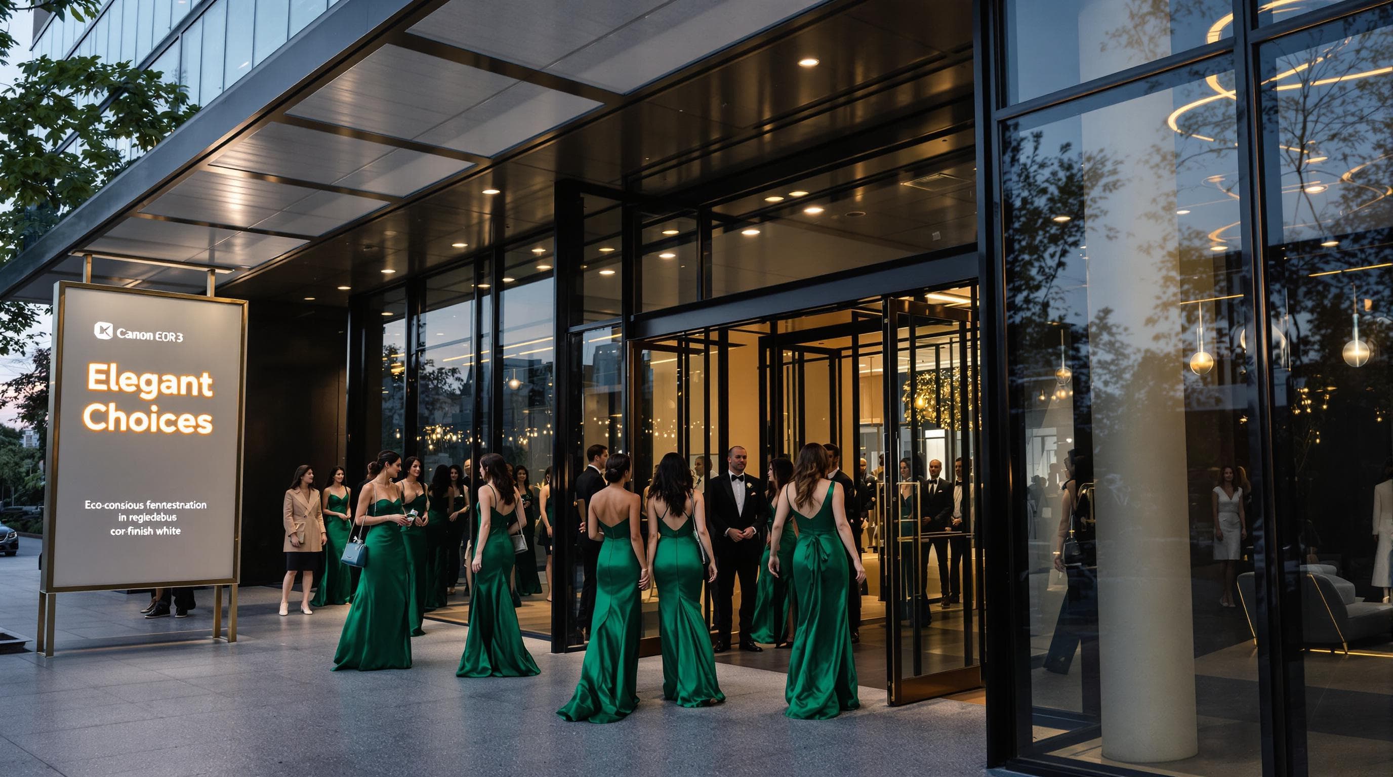 Women in emerald green dresses arriving at elegant formal event, eco-signage visible