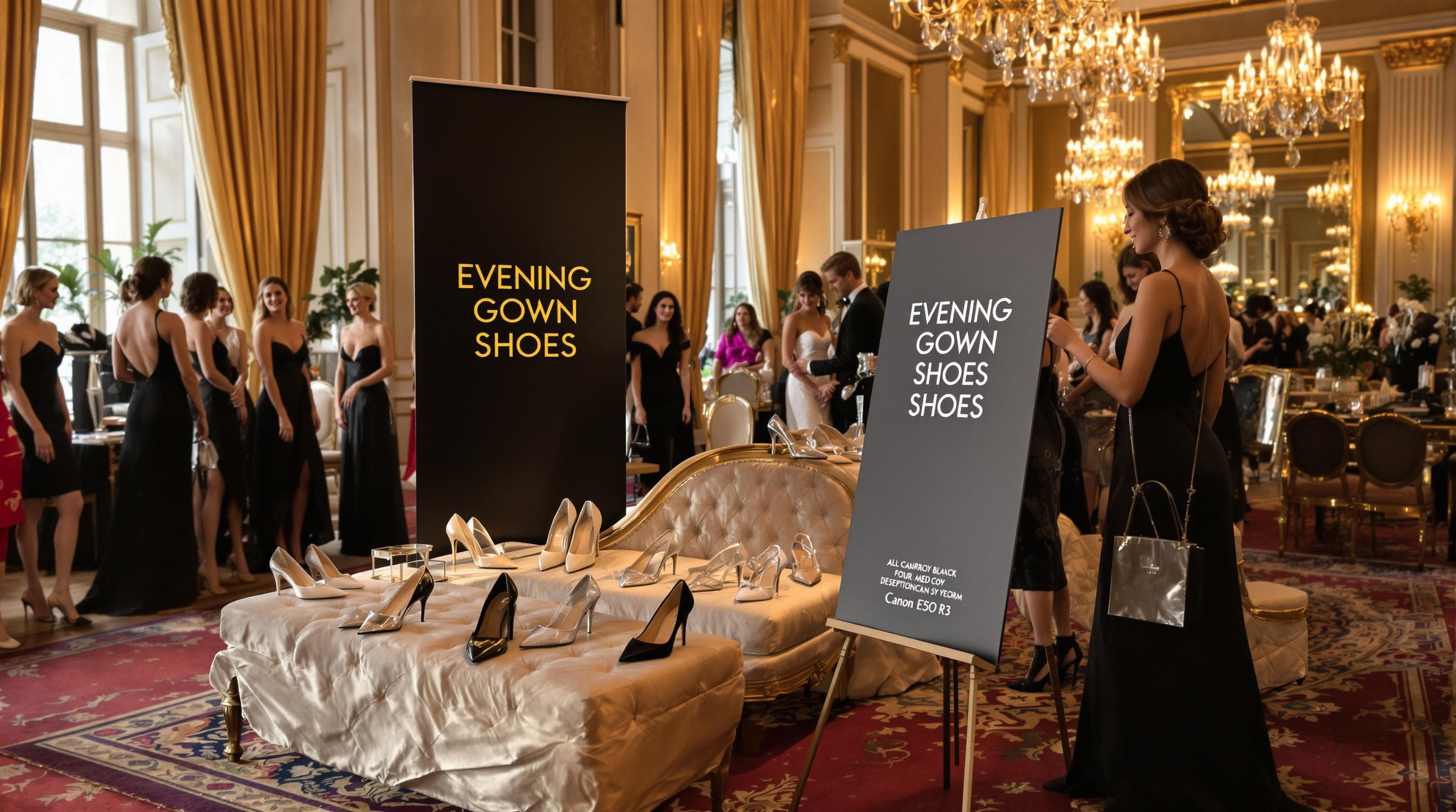 Women in evening gowns trying on satin and clear shoes at a glamorous event