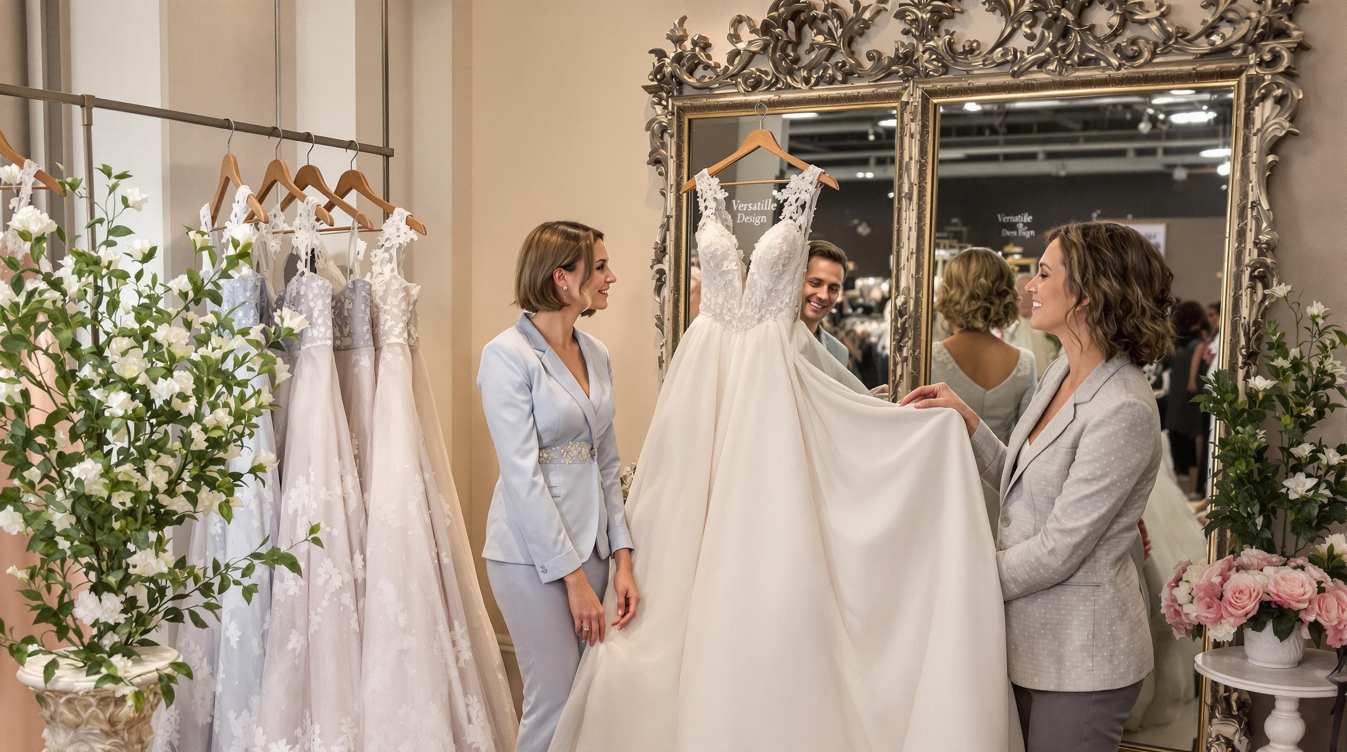 Bride and consultant discuss two-piece wedding dress versatility