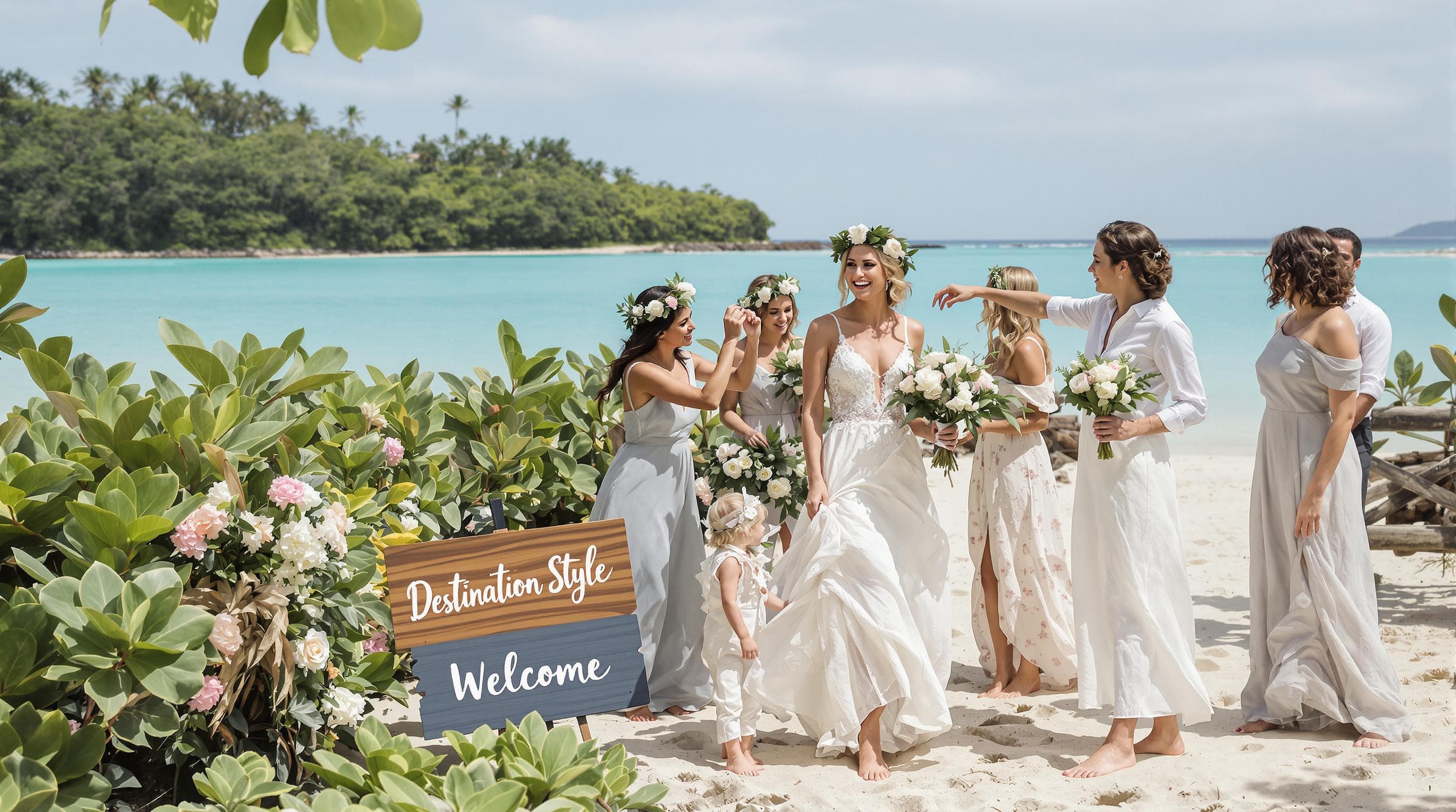 Bride in linen dress on beach with 'Destination Style' sign