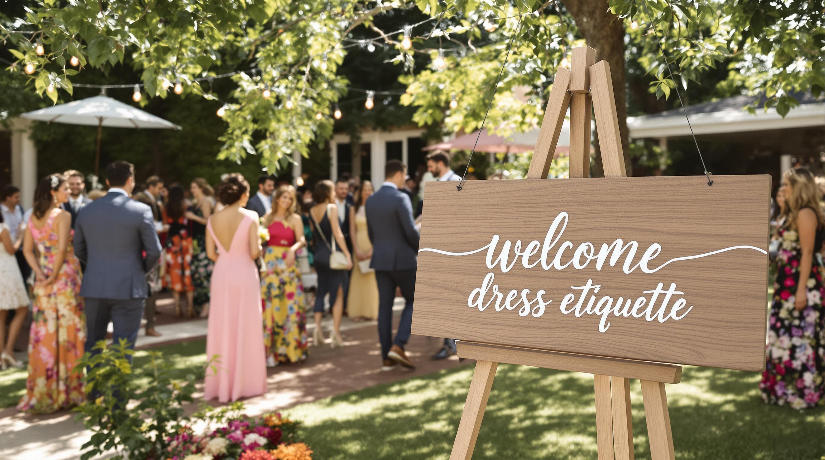 Wedding guests in colorful attire socialize at elegant outdoor party with 'Dress Etiquette' sign