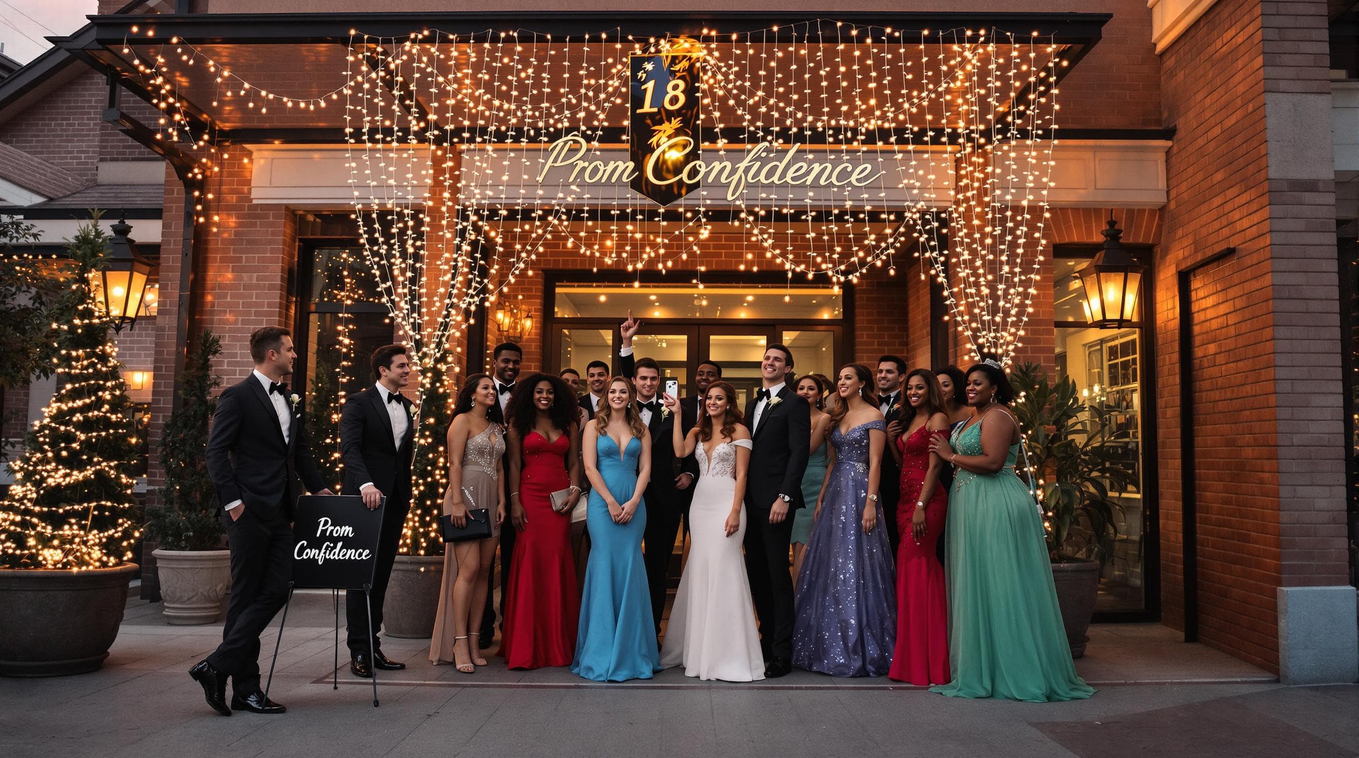 Group of teens in stylish prom outfits outside decorated ballroom, looking excited