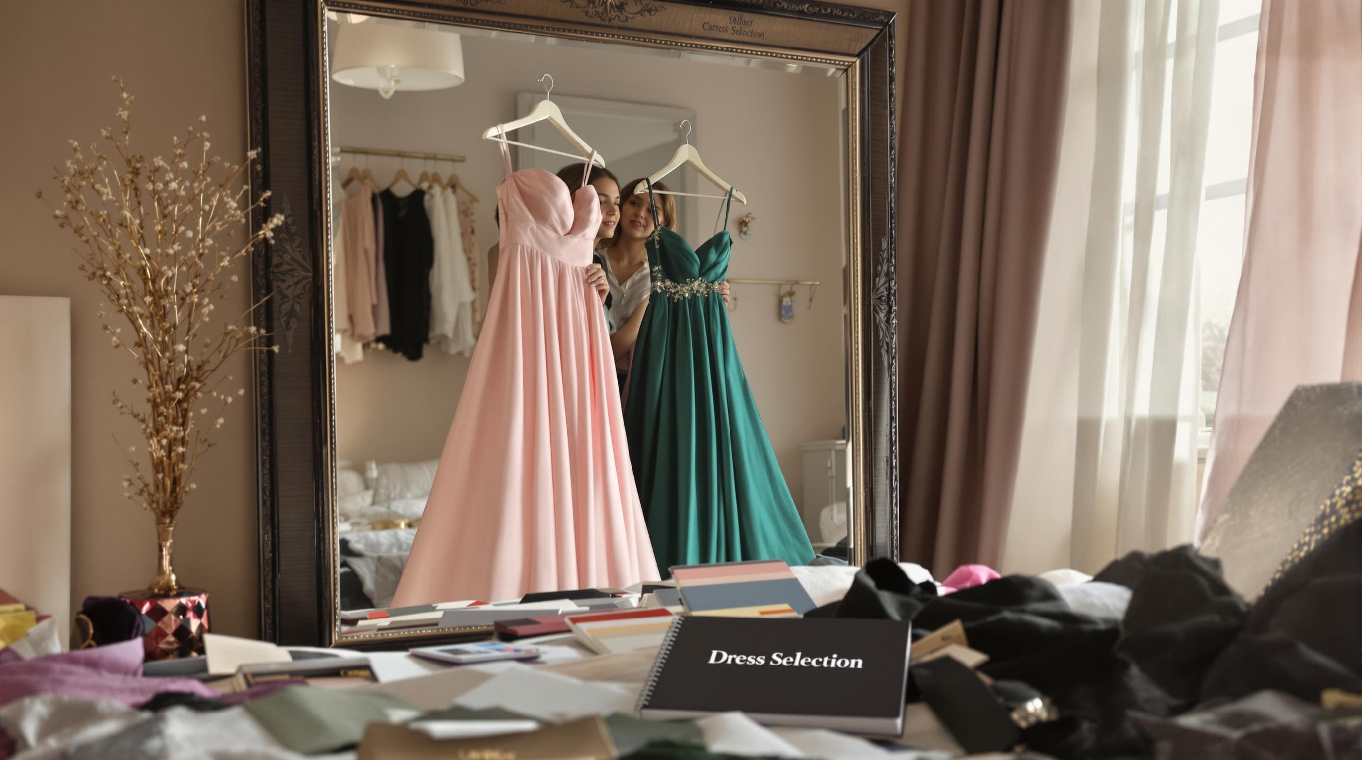 Teen comparing satin and chiffon prom dresses in bedroom mirror