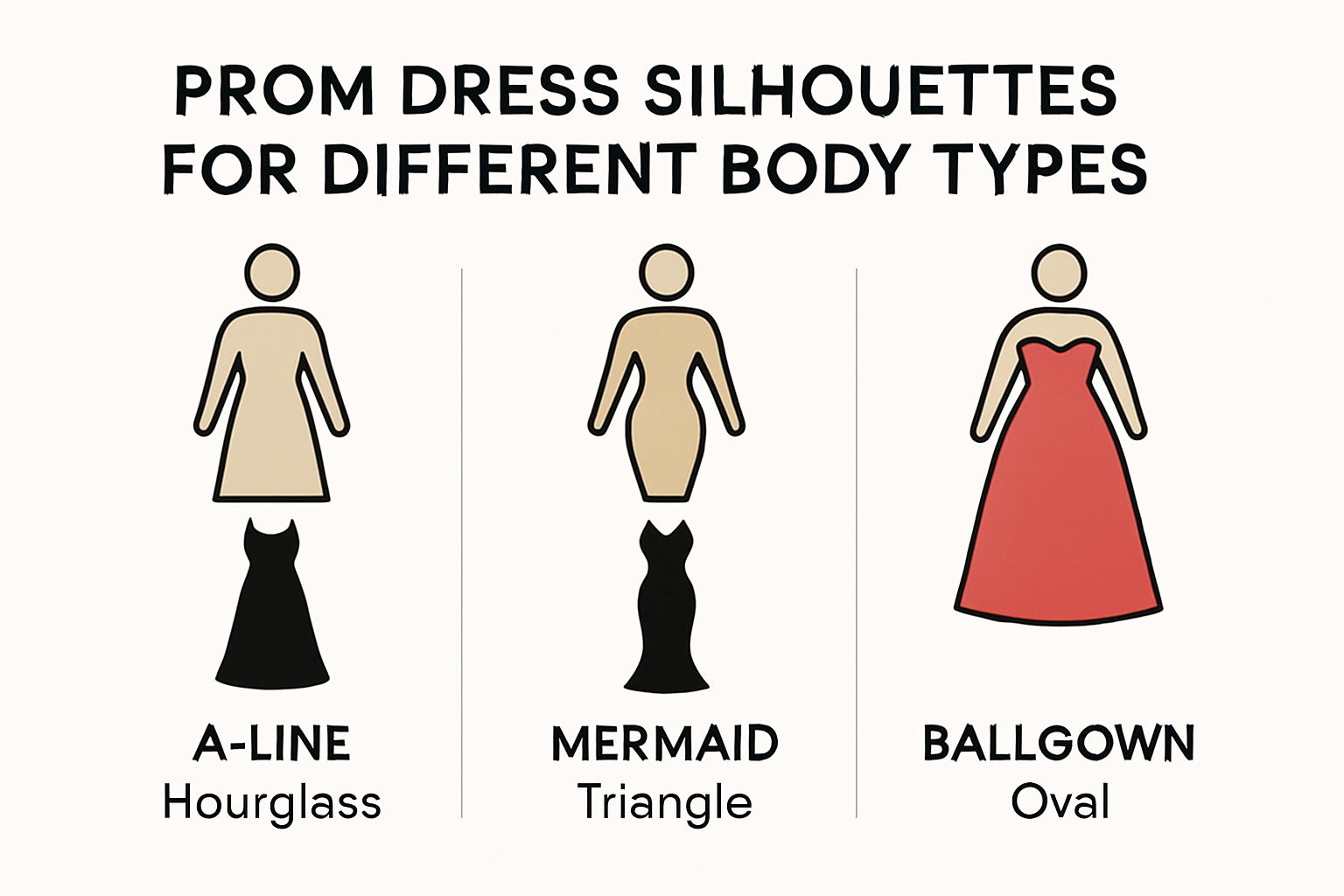 Prom dress silhouettes for different body types infographic