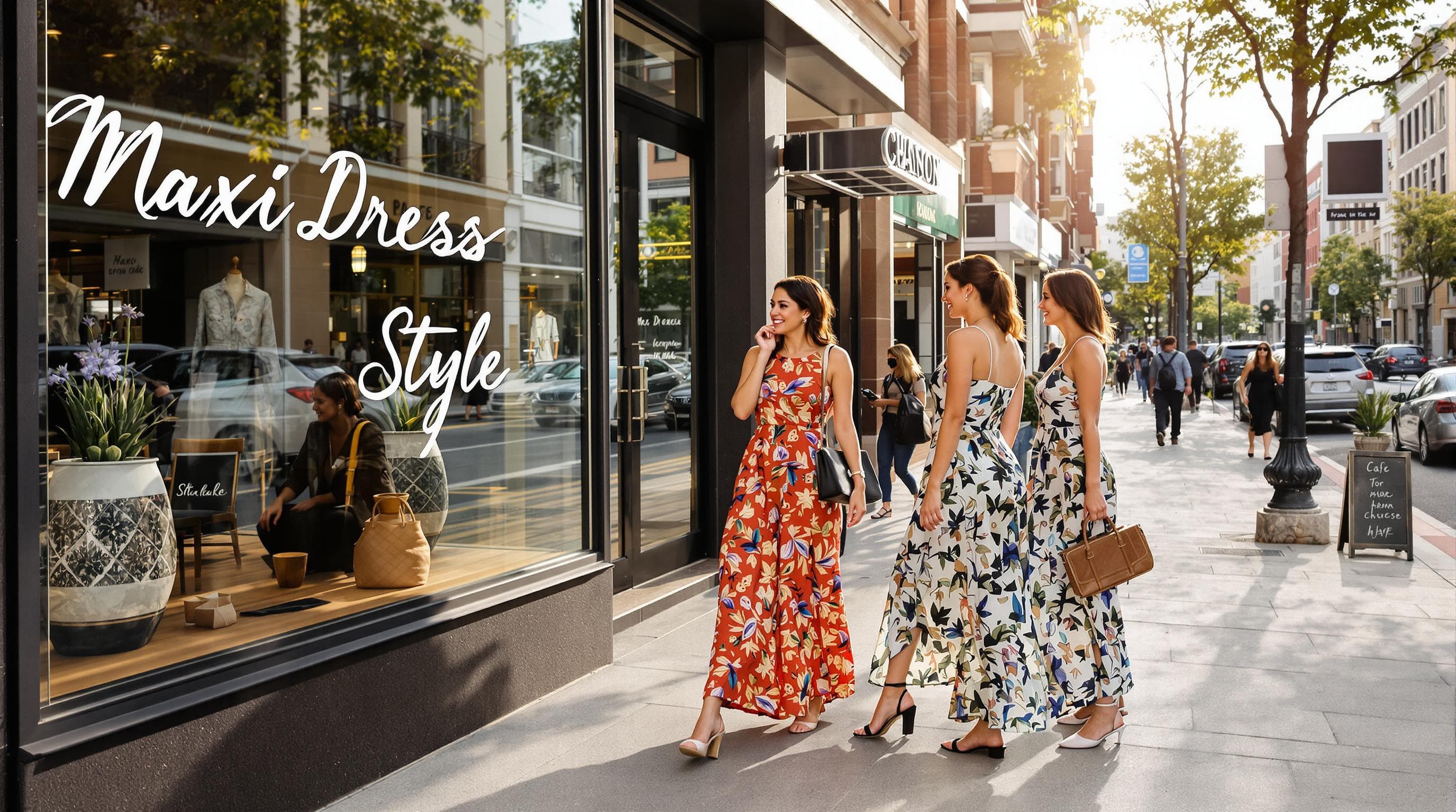 Fashionable women in maxi dresses with diverse shoes on city street