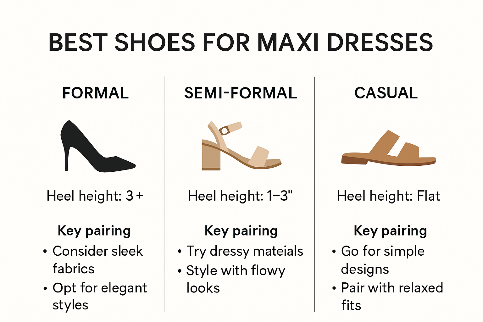 Infographic comparing shoe options for maxi dress occasions