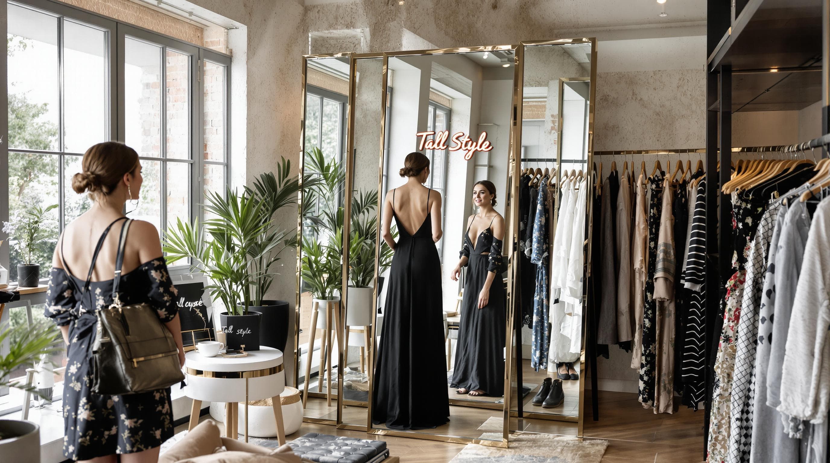 Tall woman trying dress in boutique celebrating tall fashion