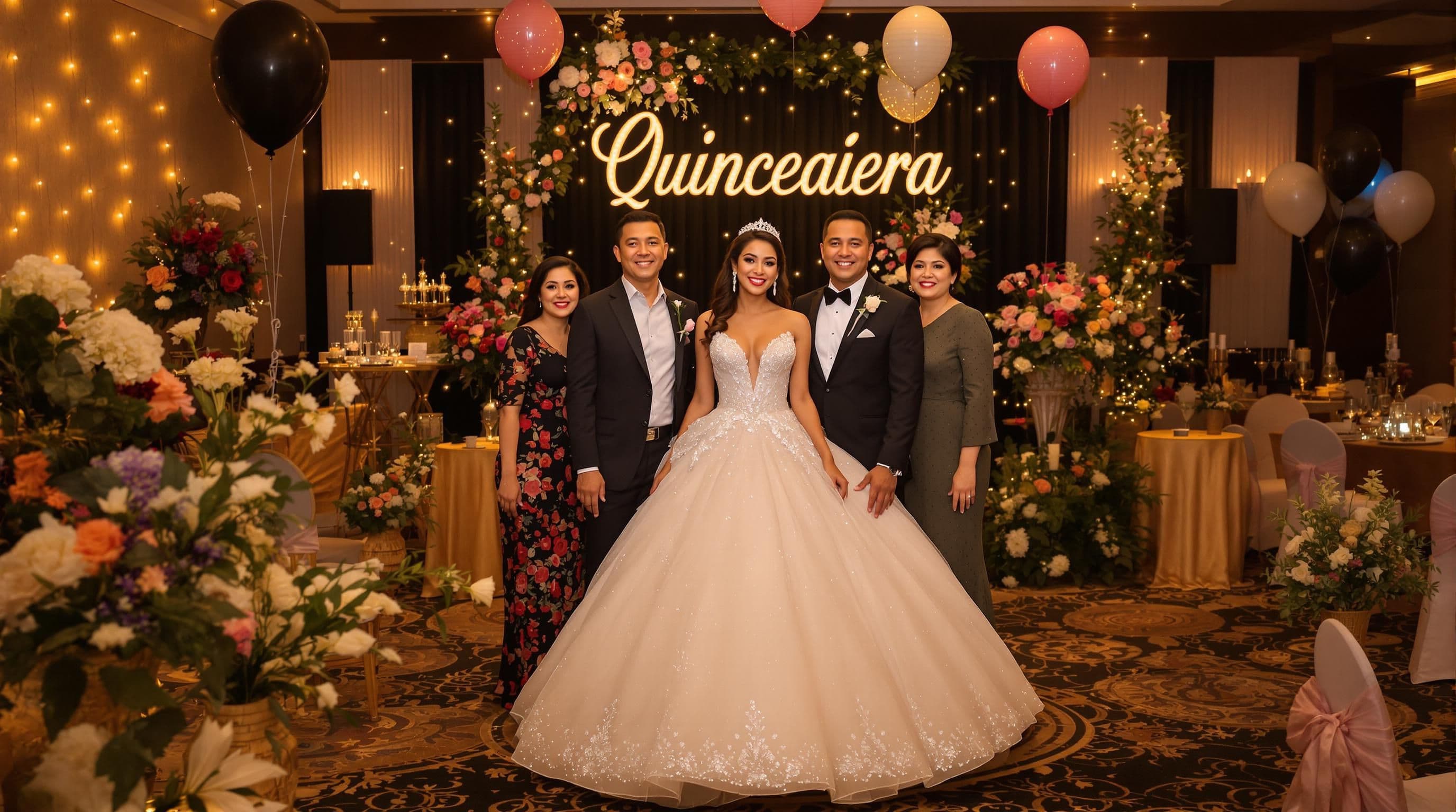 Smiling girl in ballgown with family at her quinceañera