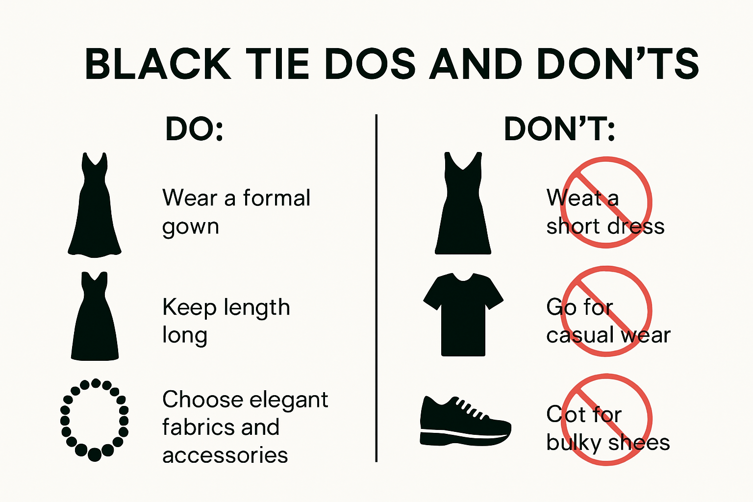 Infographic of black tie dress code guidelines for women