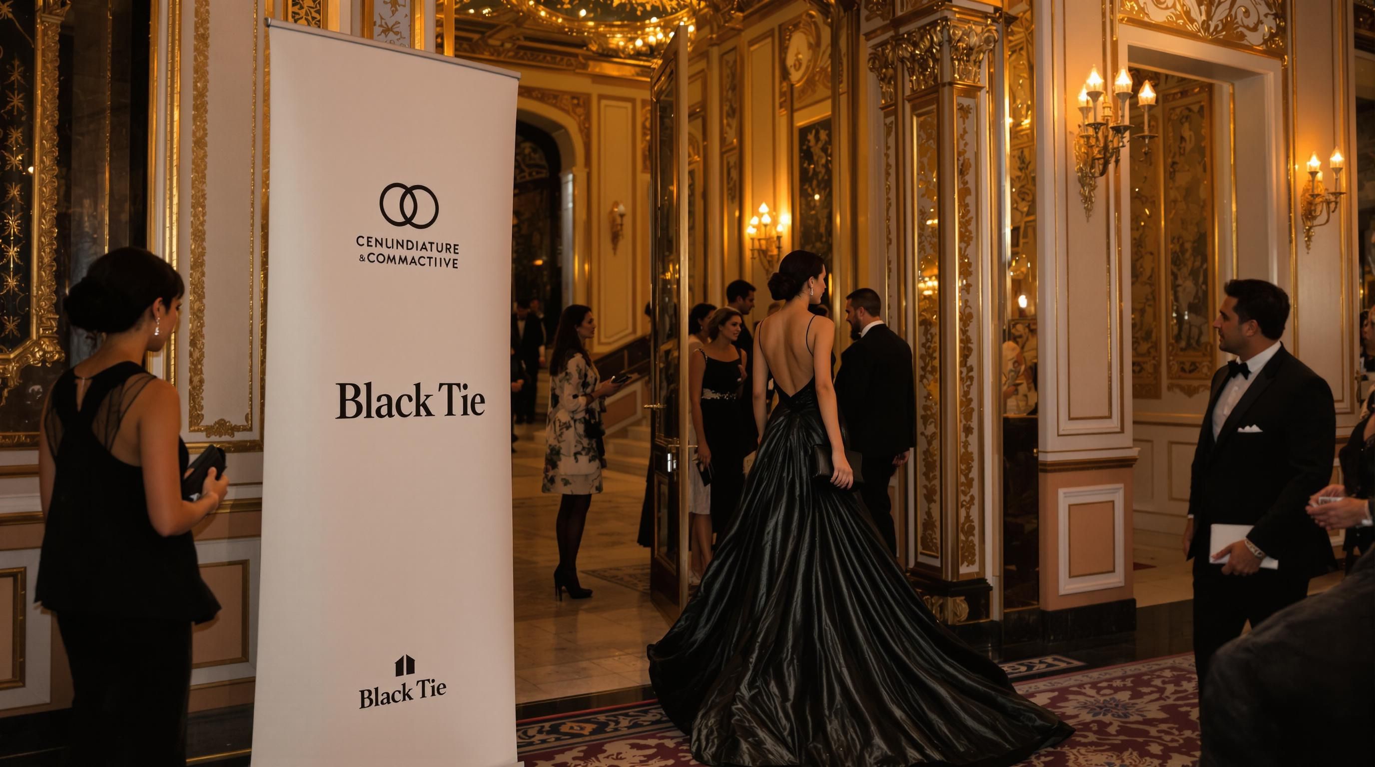 Woman in elegant evening gown entering black tie event ballroom