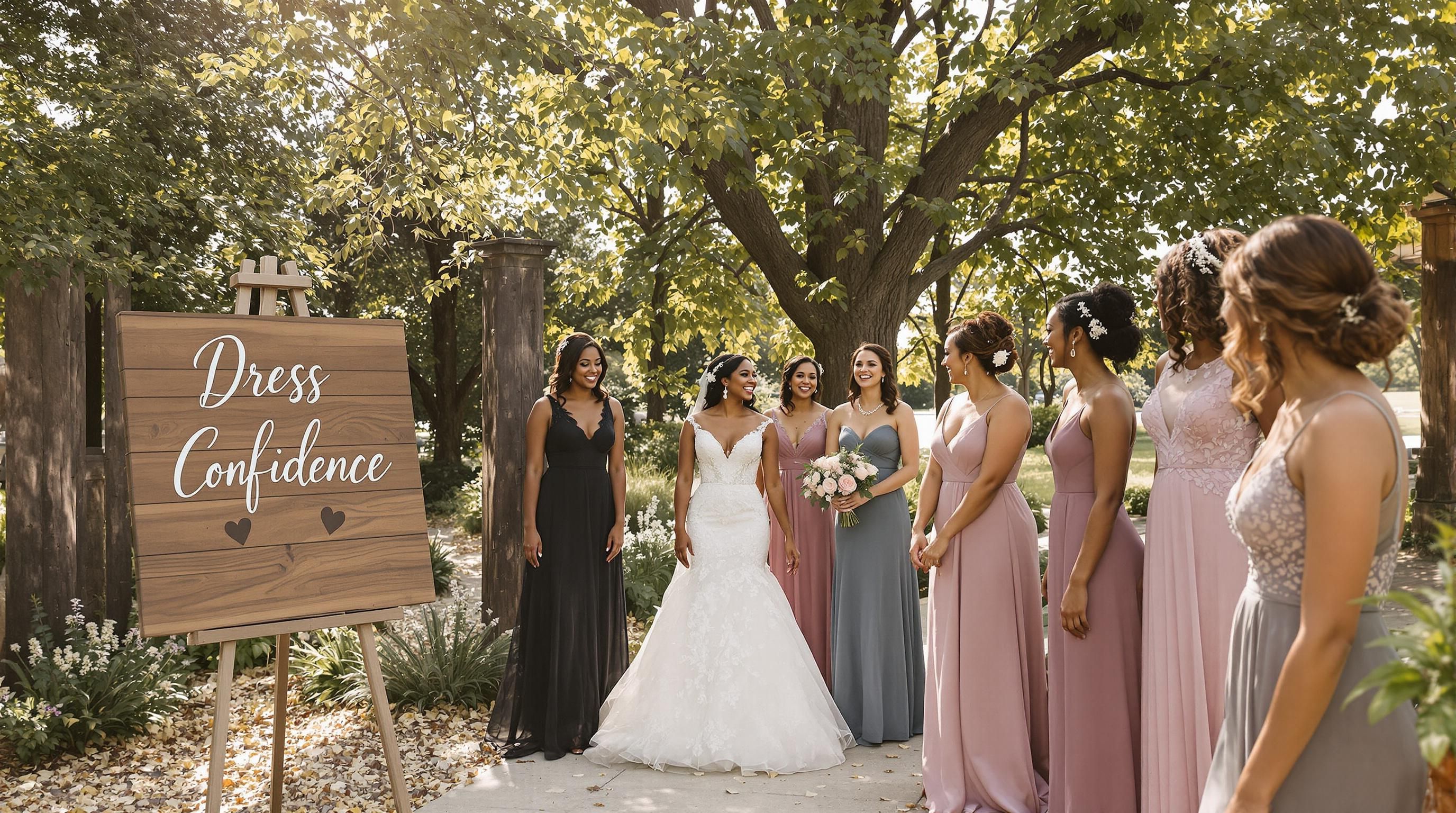 Diverse bridesmaids sharing laughter, natural light, dresses, and 'Dress Confidence' sign