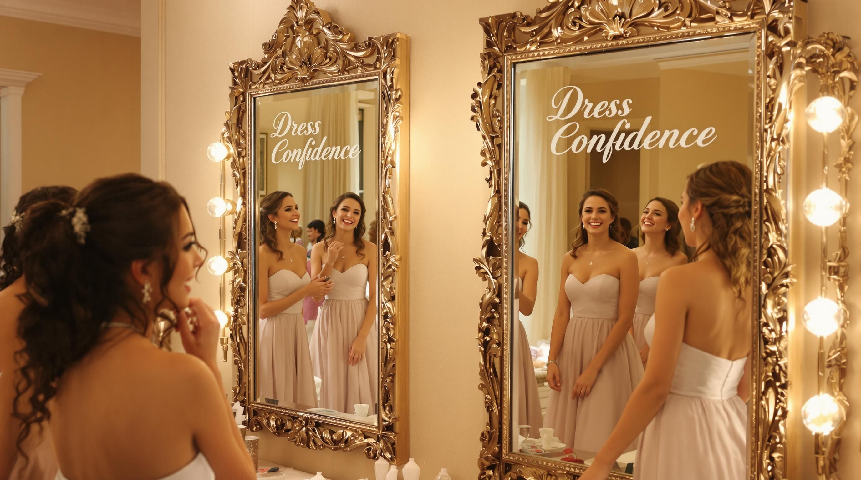 Women in strapless dresses preparing with 'Dress Confidence' on mirror