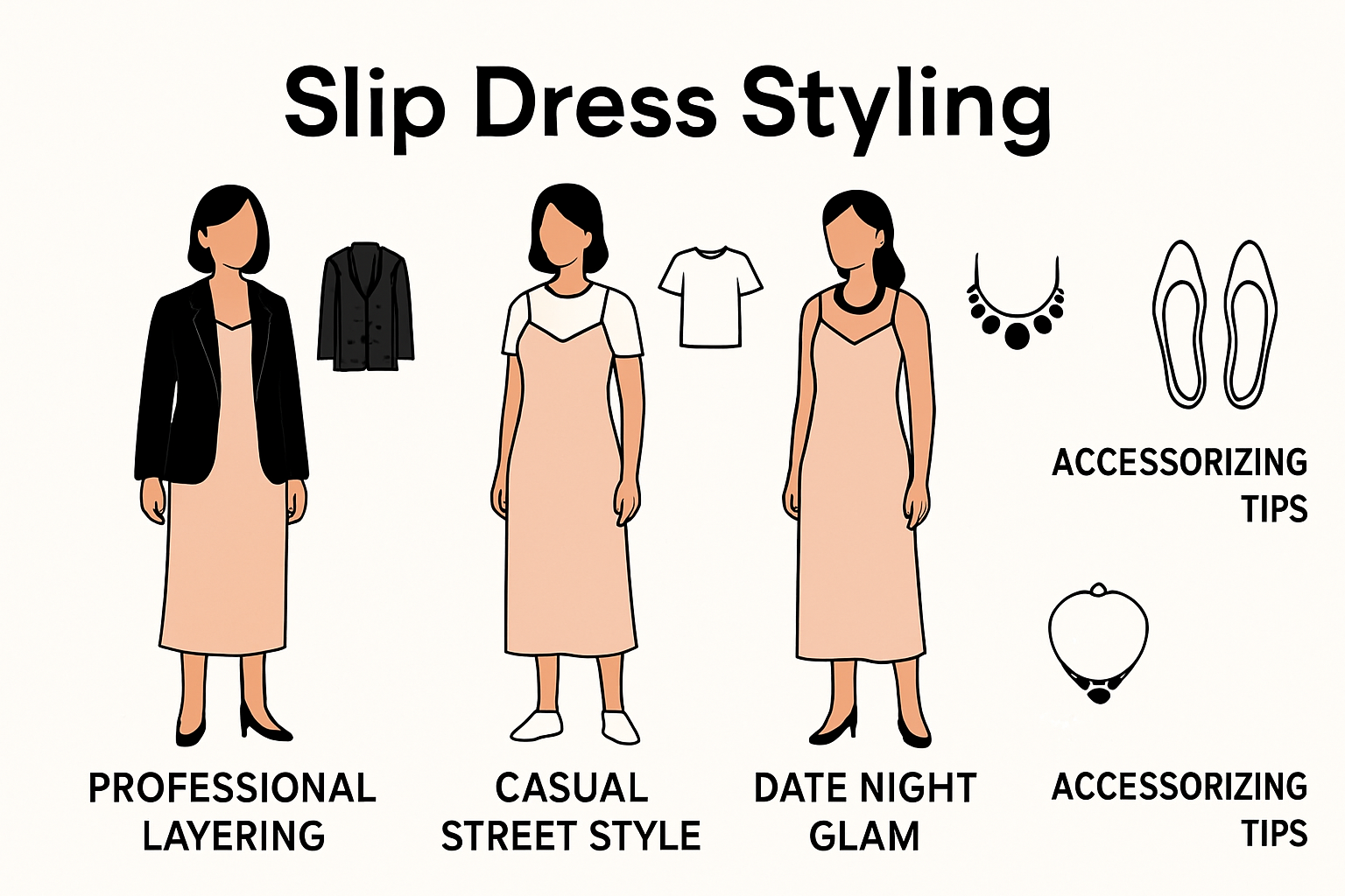 Infographic showing different ways to style a slip dress