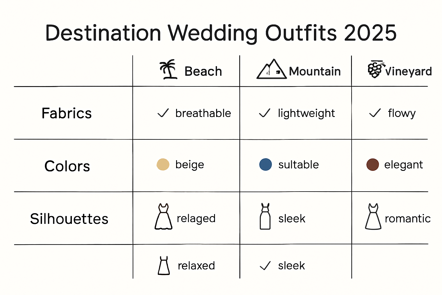 Infographic of best fabrics, colors, and silhouettes for different wedding destinations