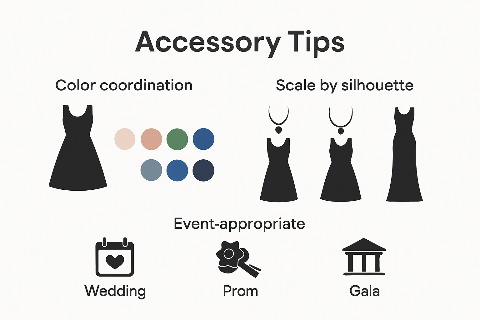 Infographic showing how to match accessories to dress color, style, and event