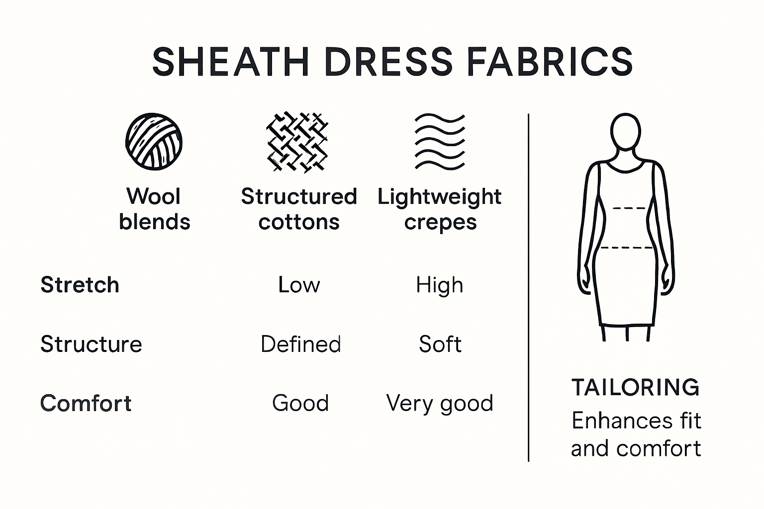 Comparative infographic of sheath dress fabric and tailoring