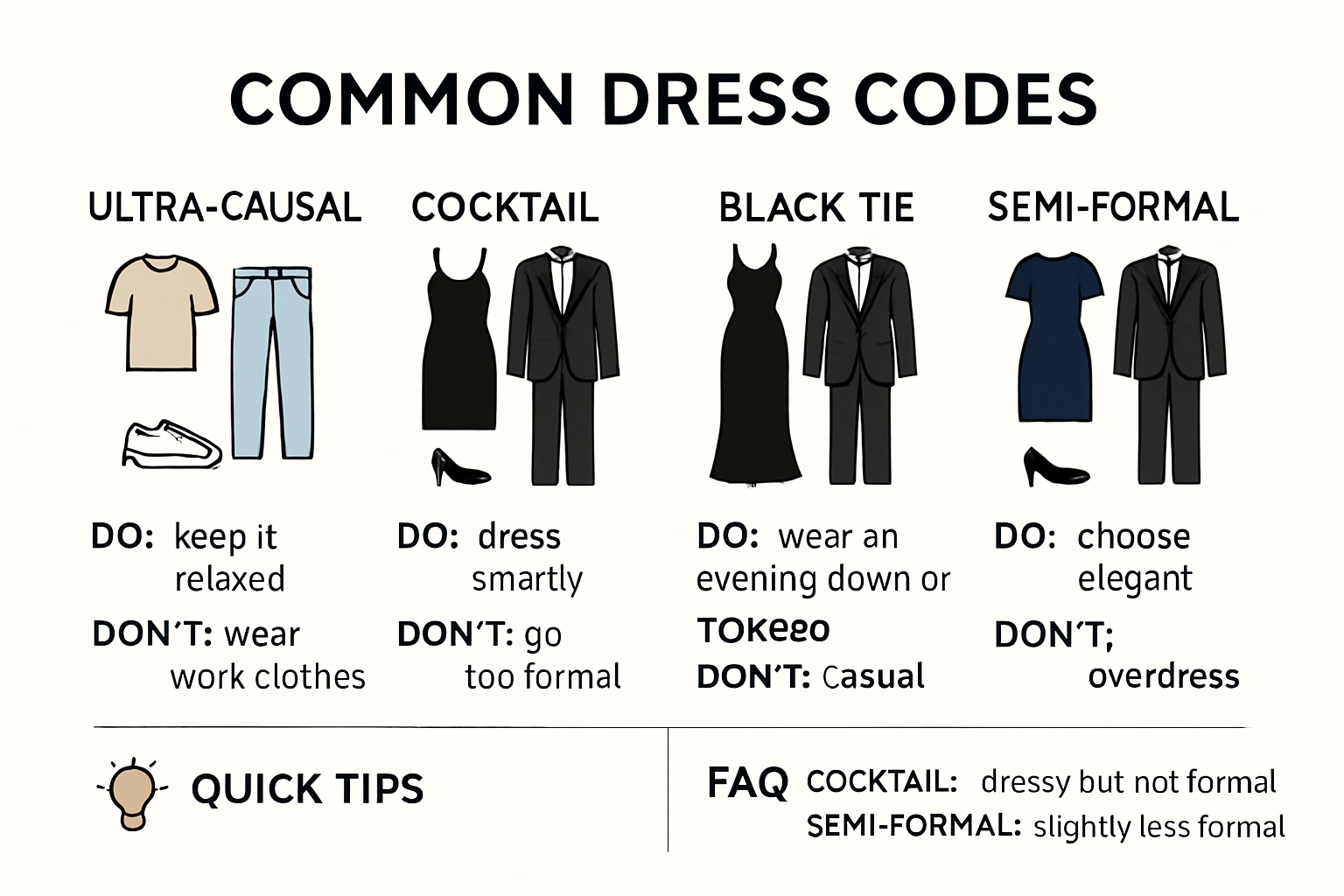 infographic showing different formal and semi-formal dress codes with outfit examples