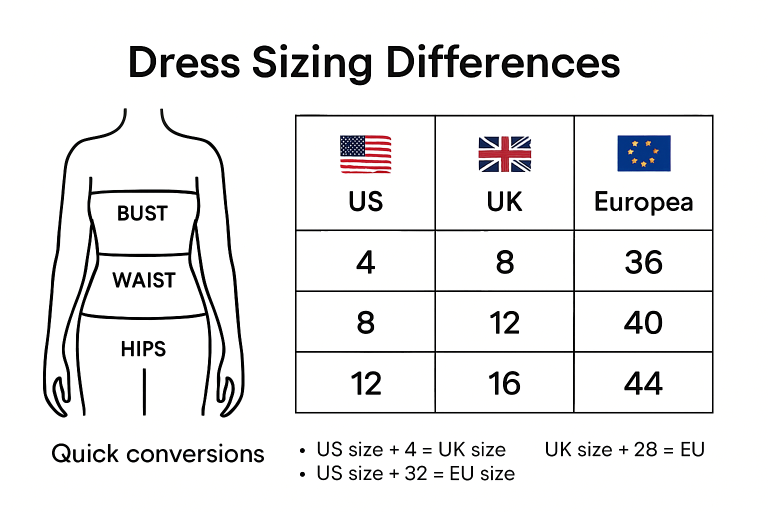 Global dress size chart comparison infographic