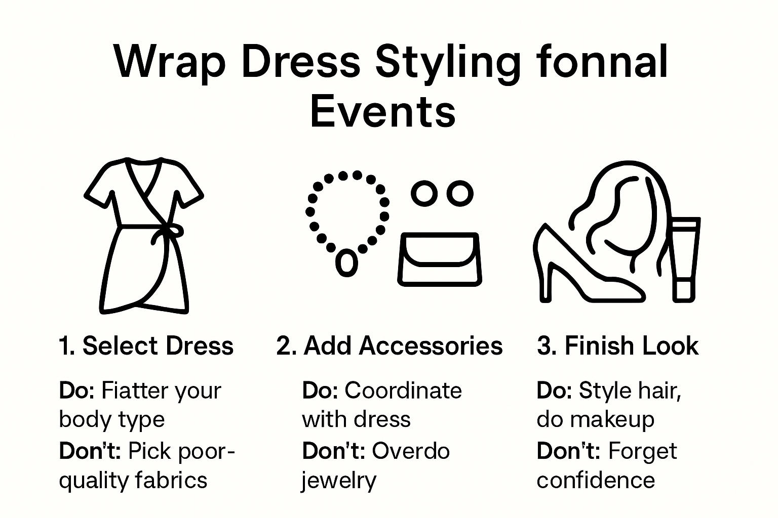 Infographic showing wrap dress styling process for formal events