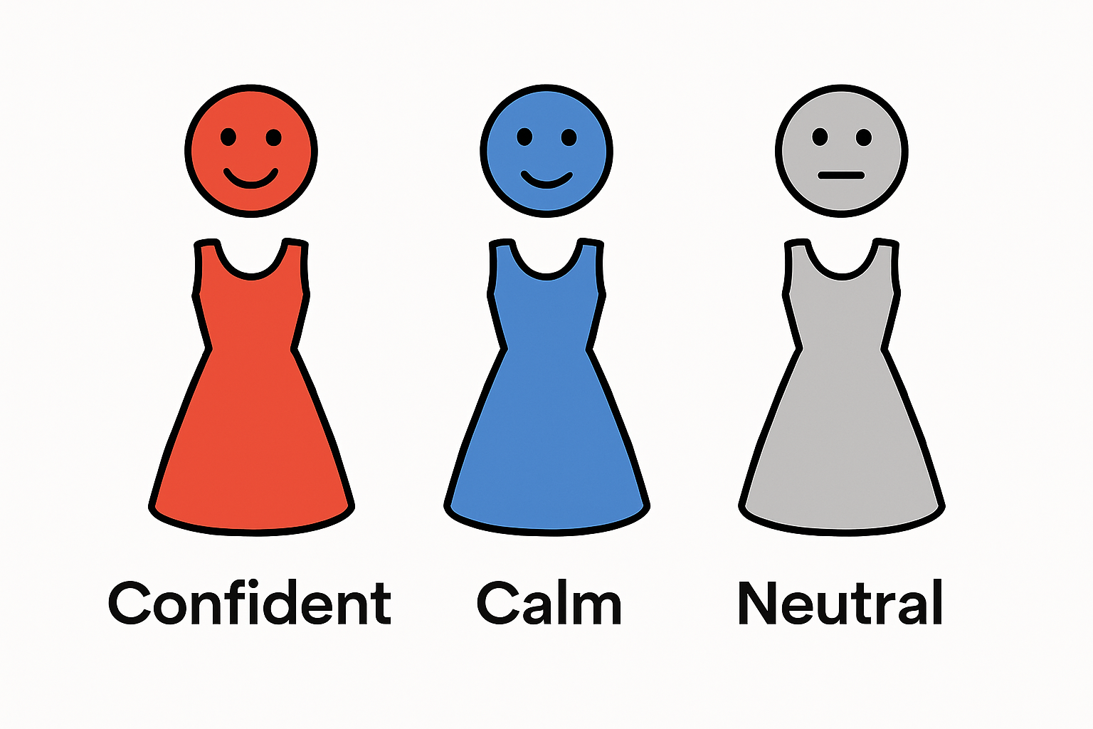 Red, blue, and gray dresses with confident, calm, and neutral expressions