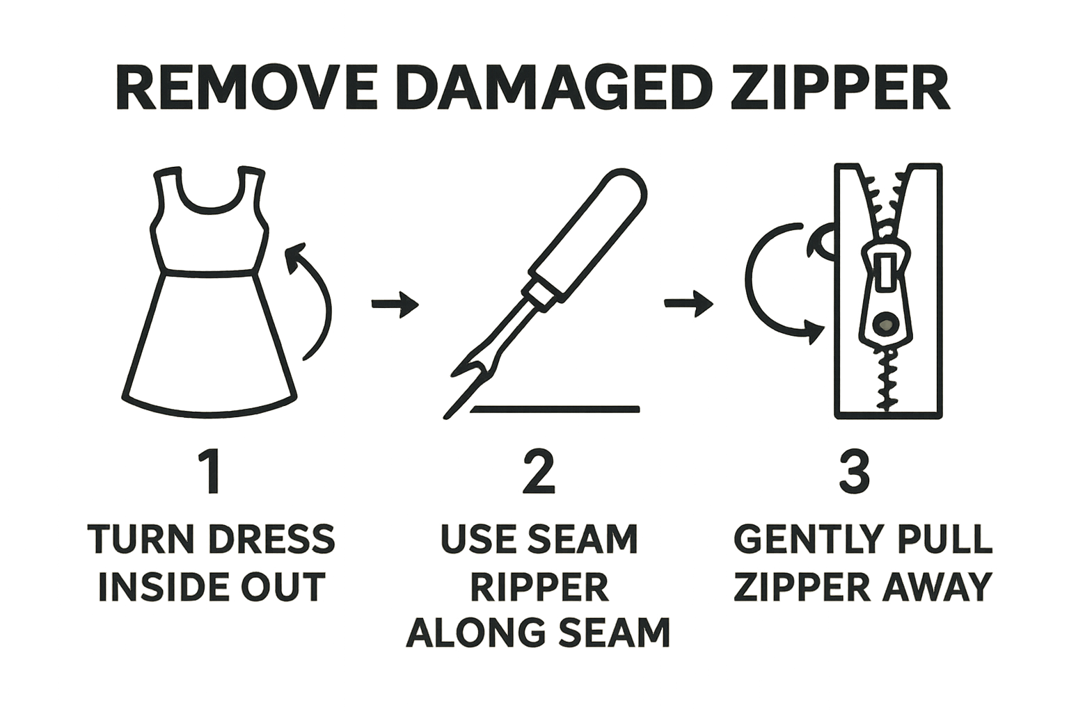 Simple three-step infographic showing dress zipper removal process