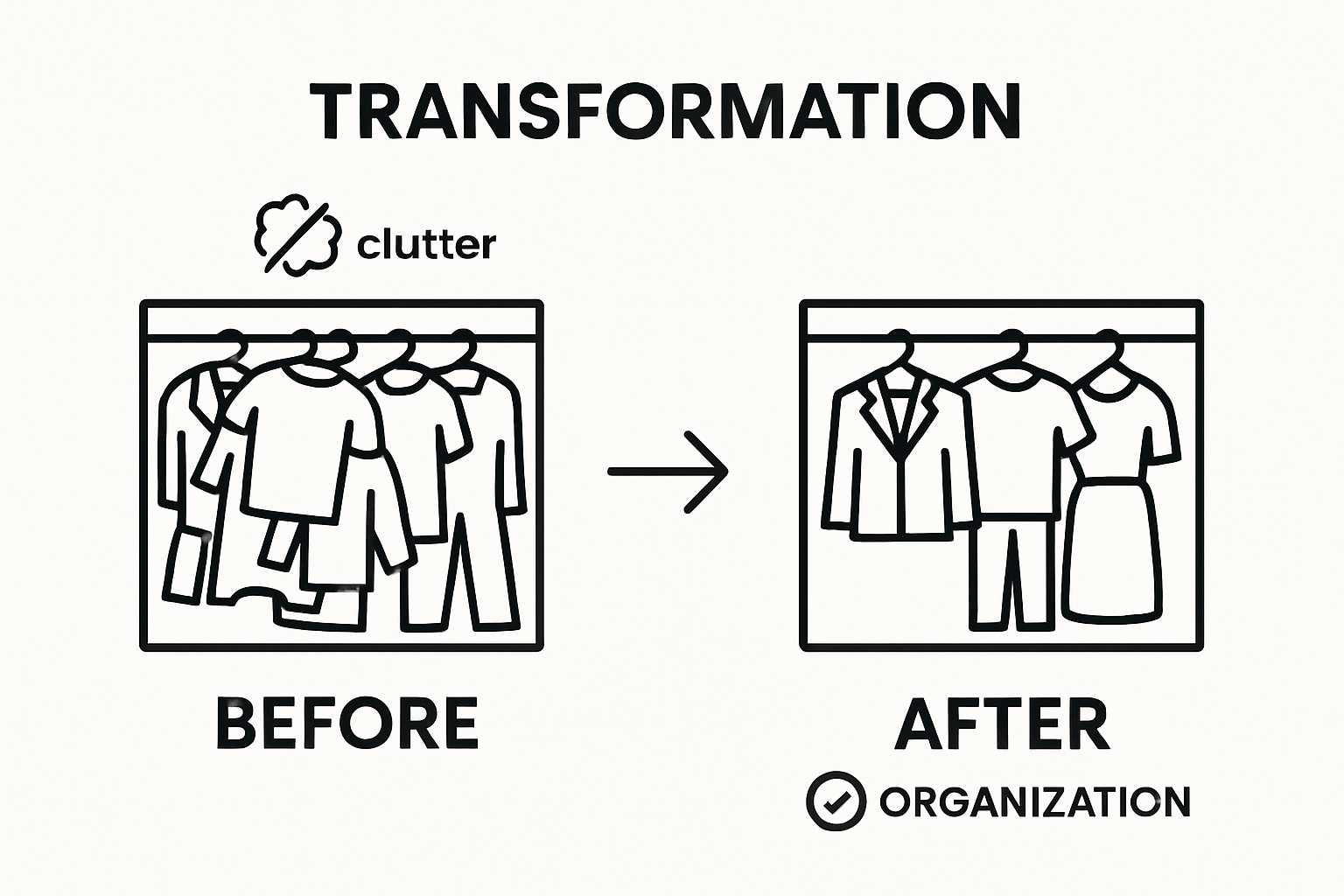 Infographic showing wardrobe declutter: before and after closet comparison.