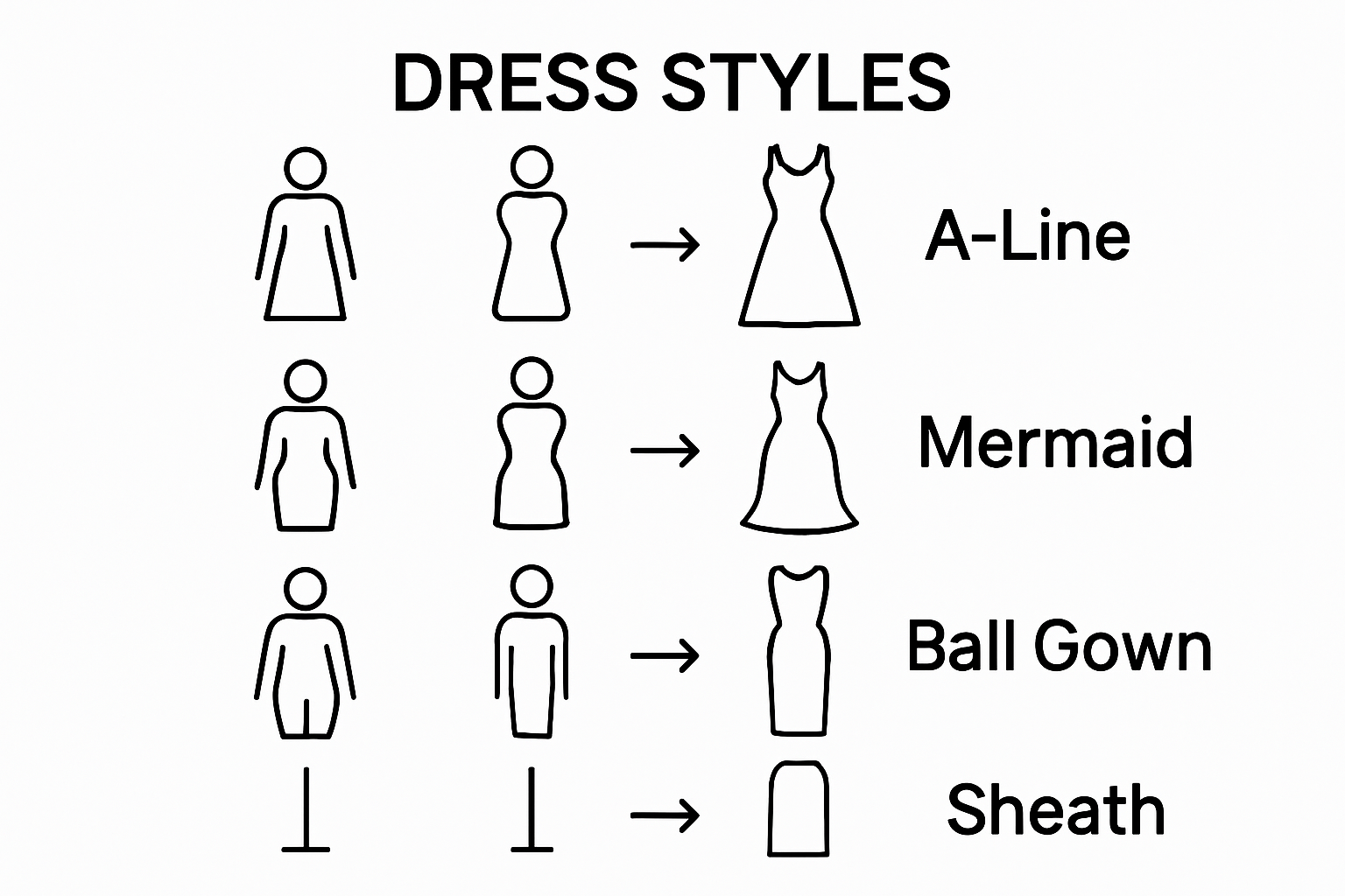 Infographic showing four evening dress silhouettes paired with ideal body shapes