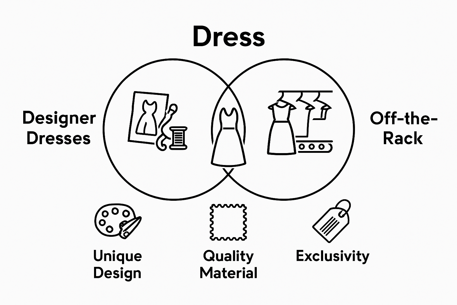 Designer dress vs. off-the-rack dress simple comparison graphic