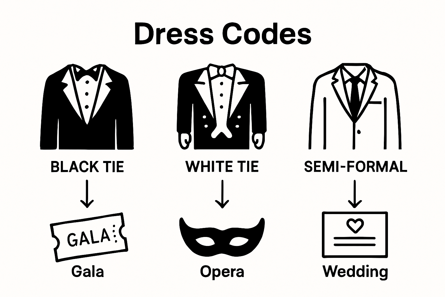 Comparison of black tie, white tie, and semi-formal dress codes visually matched to three event types