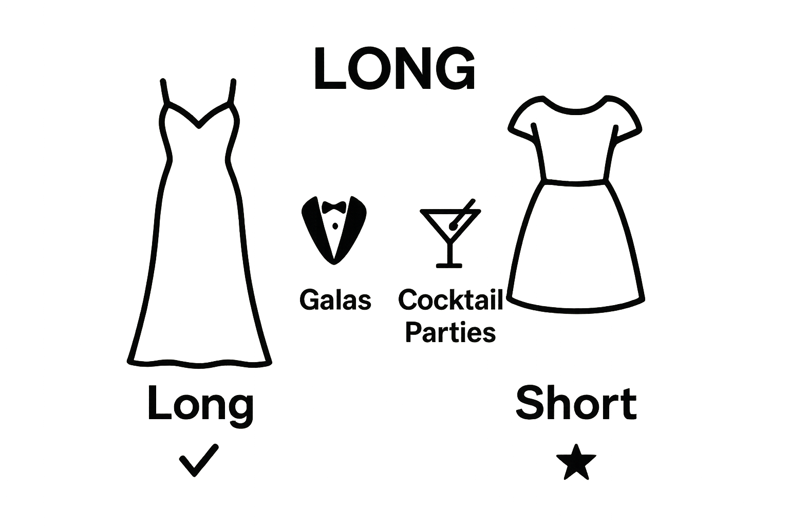 Simple infographic comparing long and short formal dress lengths and their ideal occasions