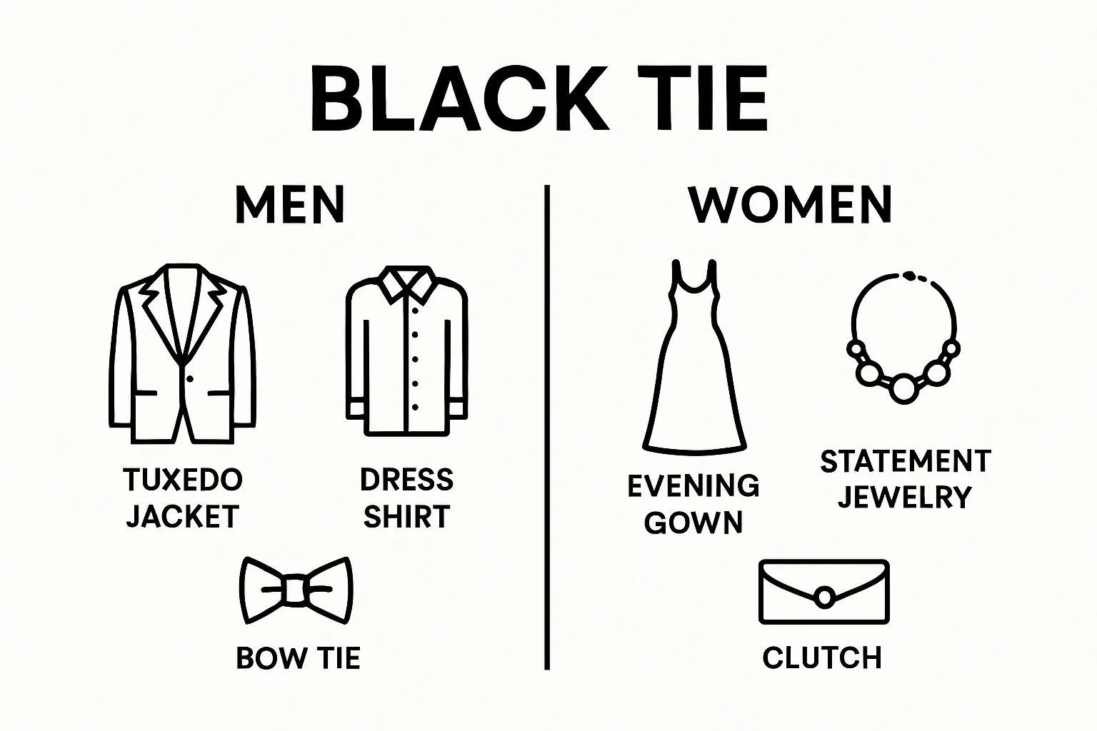 Infographic comparing men's and women's black tie outfits