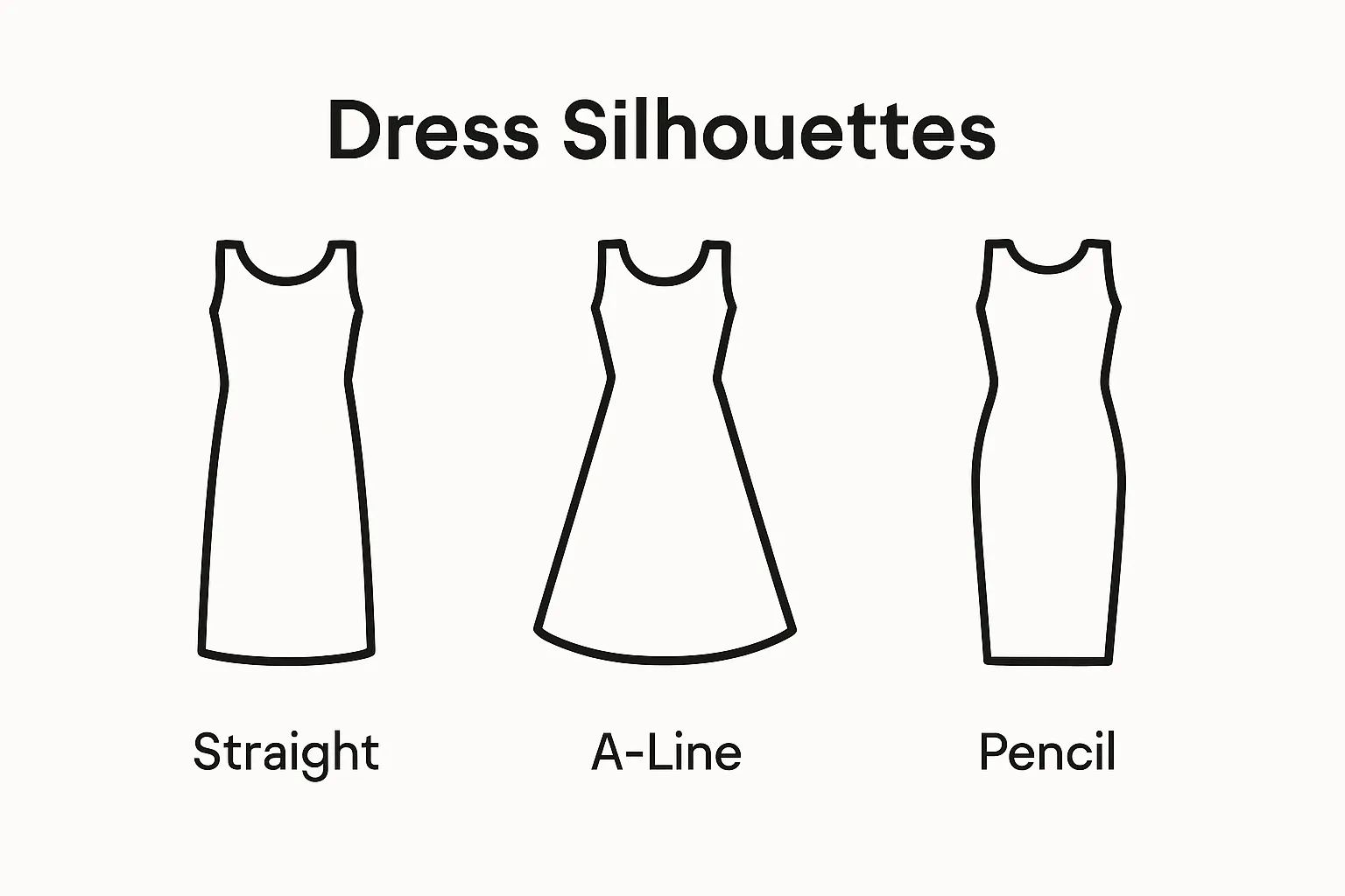 Three outlined dress icons comparing A-line, straight, and pencil silhouettes