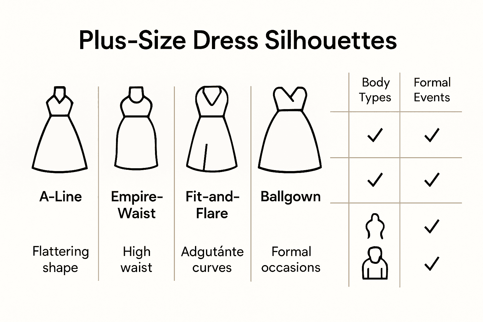 Infographic comparing five plus size dress silhouettes and their best uses.