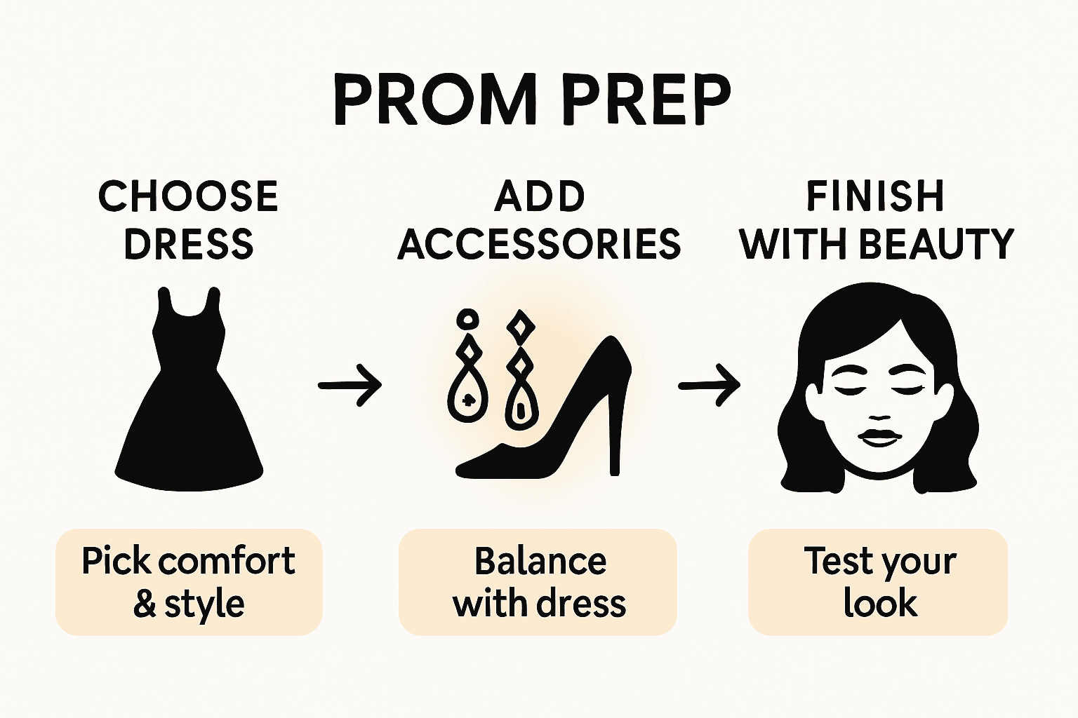 Three-step prom look preparation diagram with dress, accessories, and beauty icons