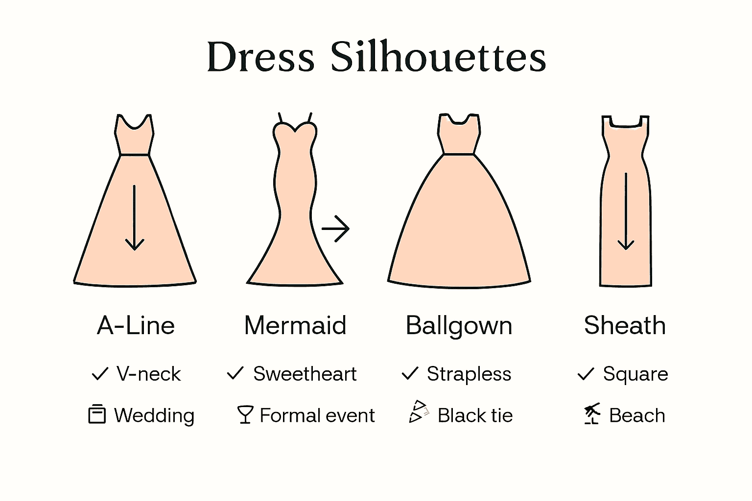 Infographic comparing Janique dress styles, silhouettes, and occasions