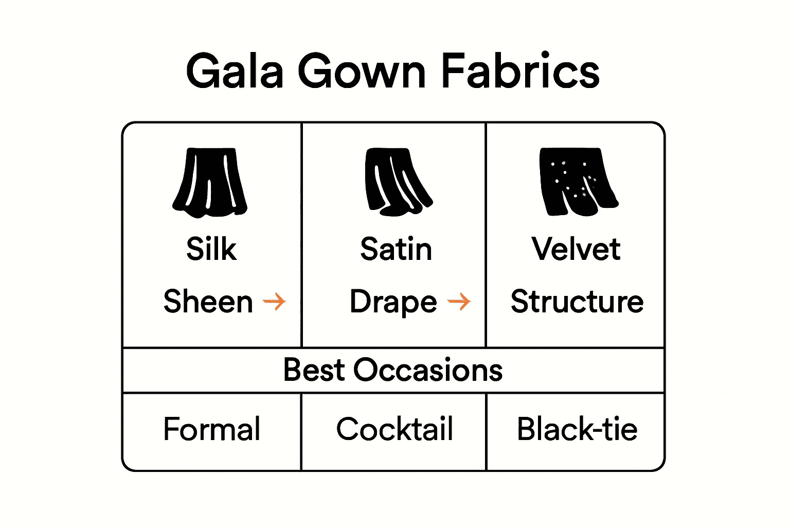 Infographic comparing silk, satin, and velvet for gala gowns