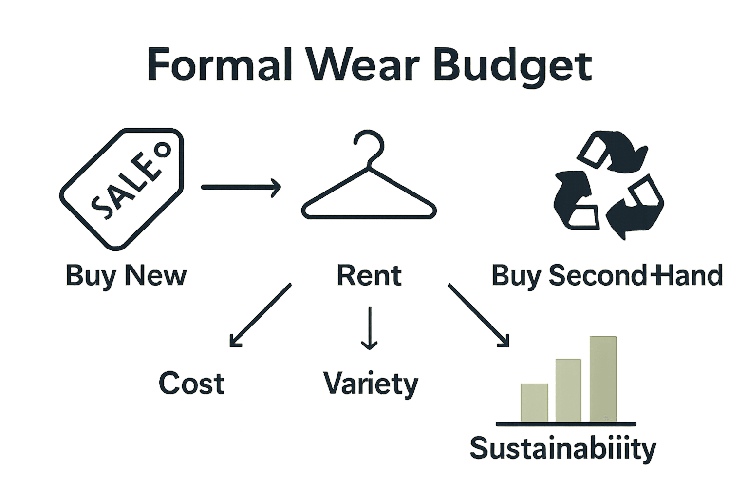 Infographic visualizing three strategies for saving on formal wear.