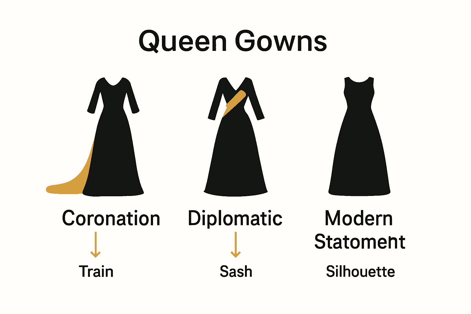 Infographic comparing coronation, diplomatic, and modern queen gown styles with icons and key features.