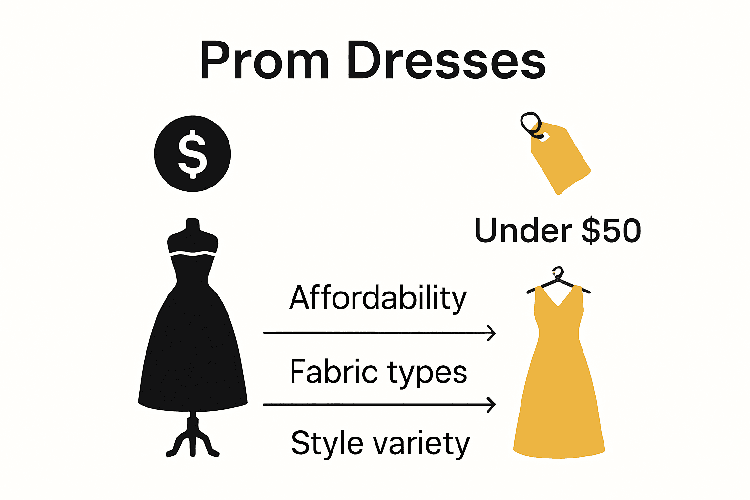 Infographic comparing expensive and under-50 prom dresses by price, fabric, and style options