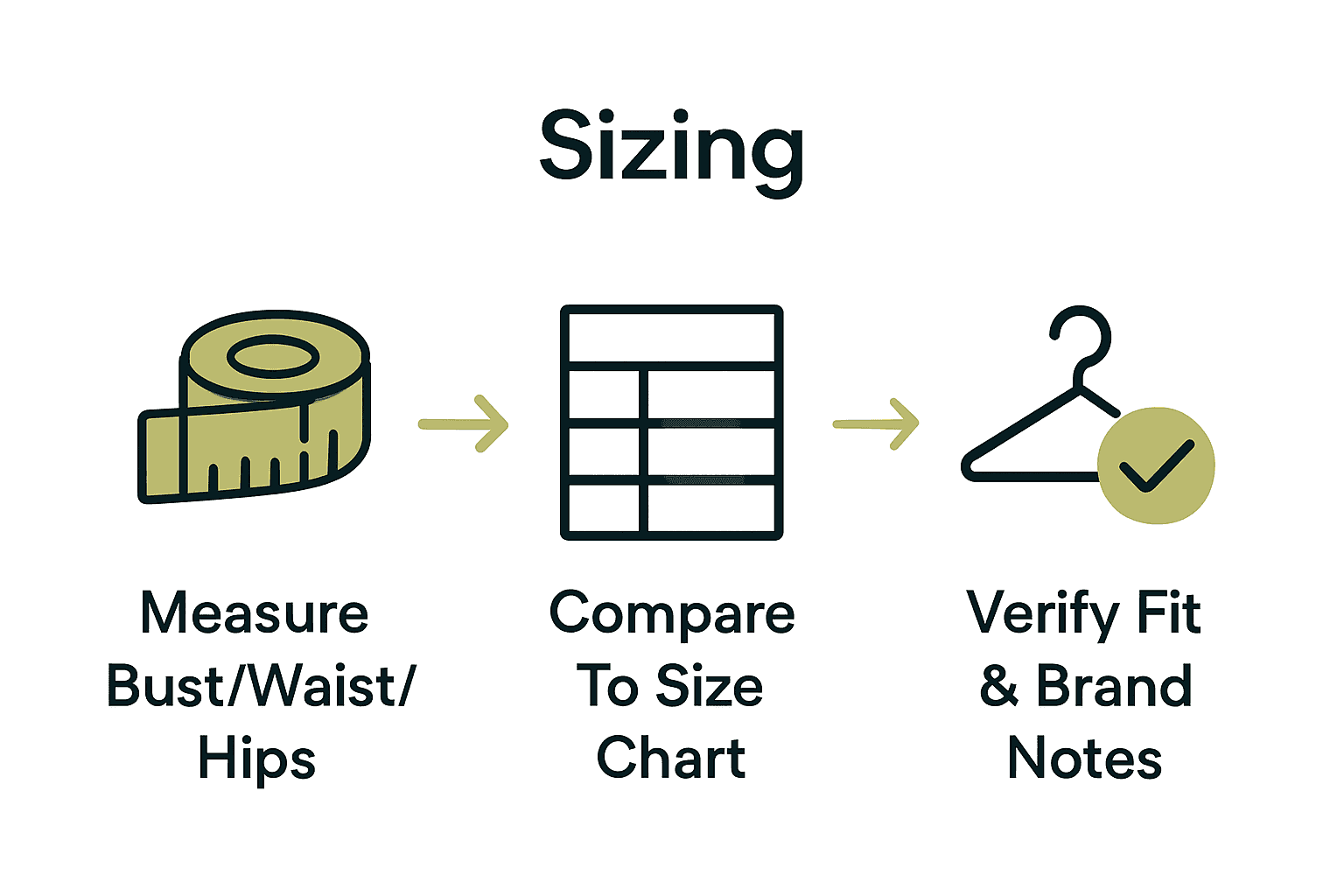 Infographic illustrating steps to find formal dress size using measurements, size charts, and brand fit notes.
