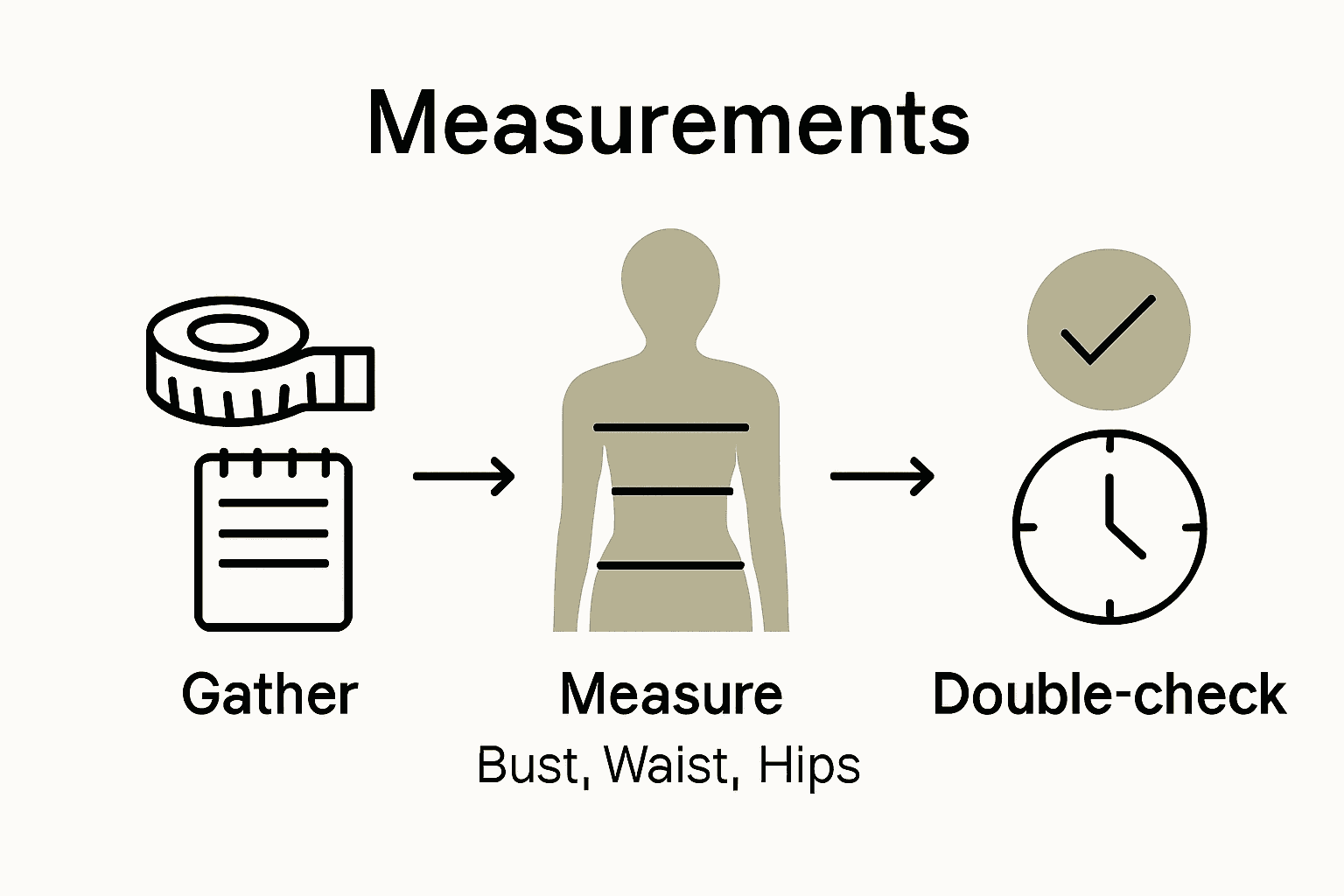 Three-step infographic for measuring dress fit: tools, measuring points, double-checking.