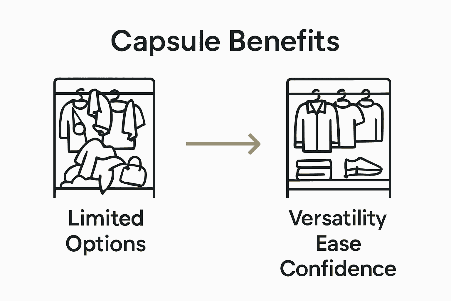 Infographic comparing crowded wardrobe to streamlined capsule wardrobe