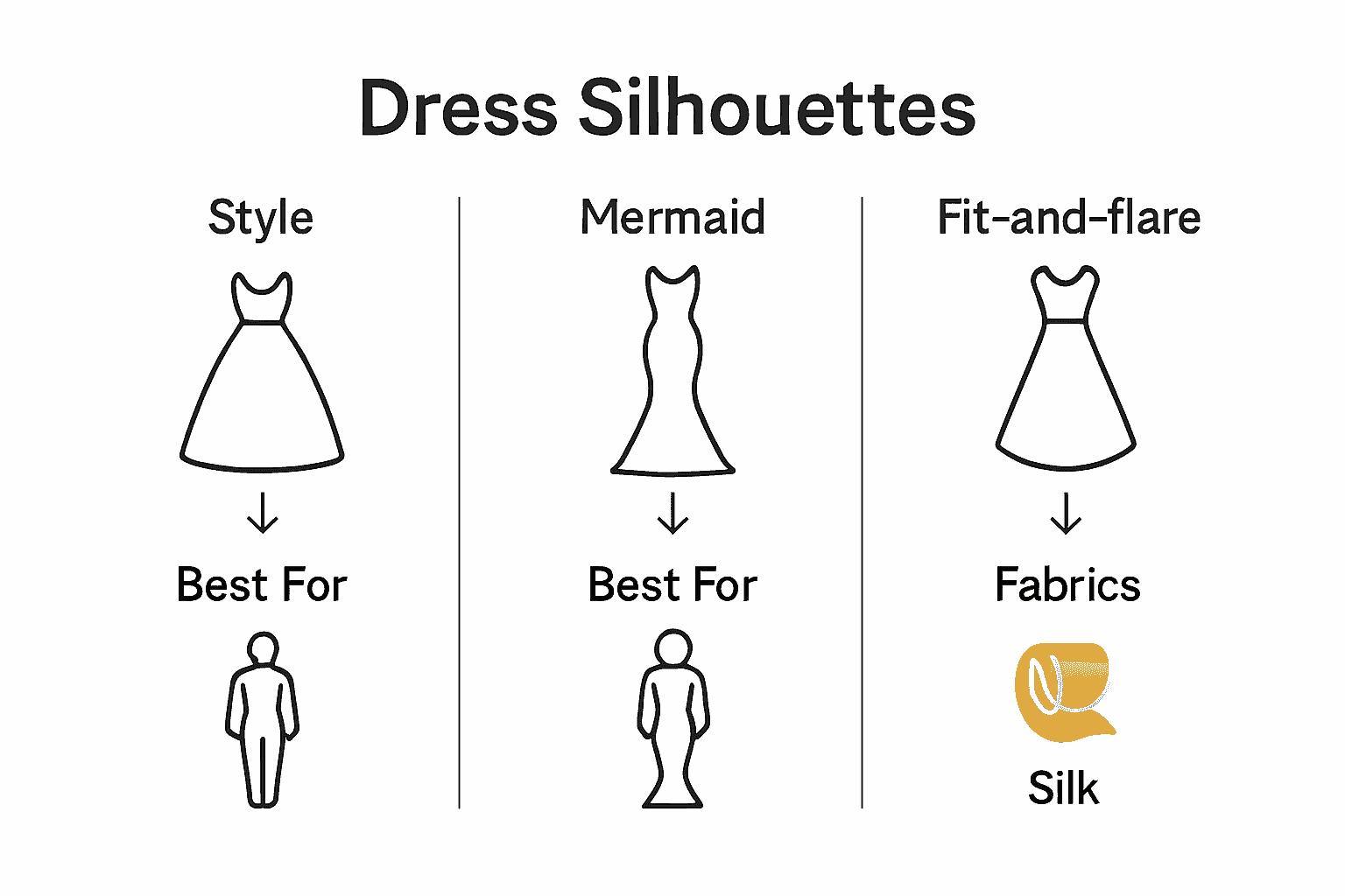 Infographic comparing ball dress styles, best body types, and fabrics.