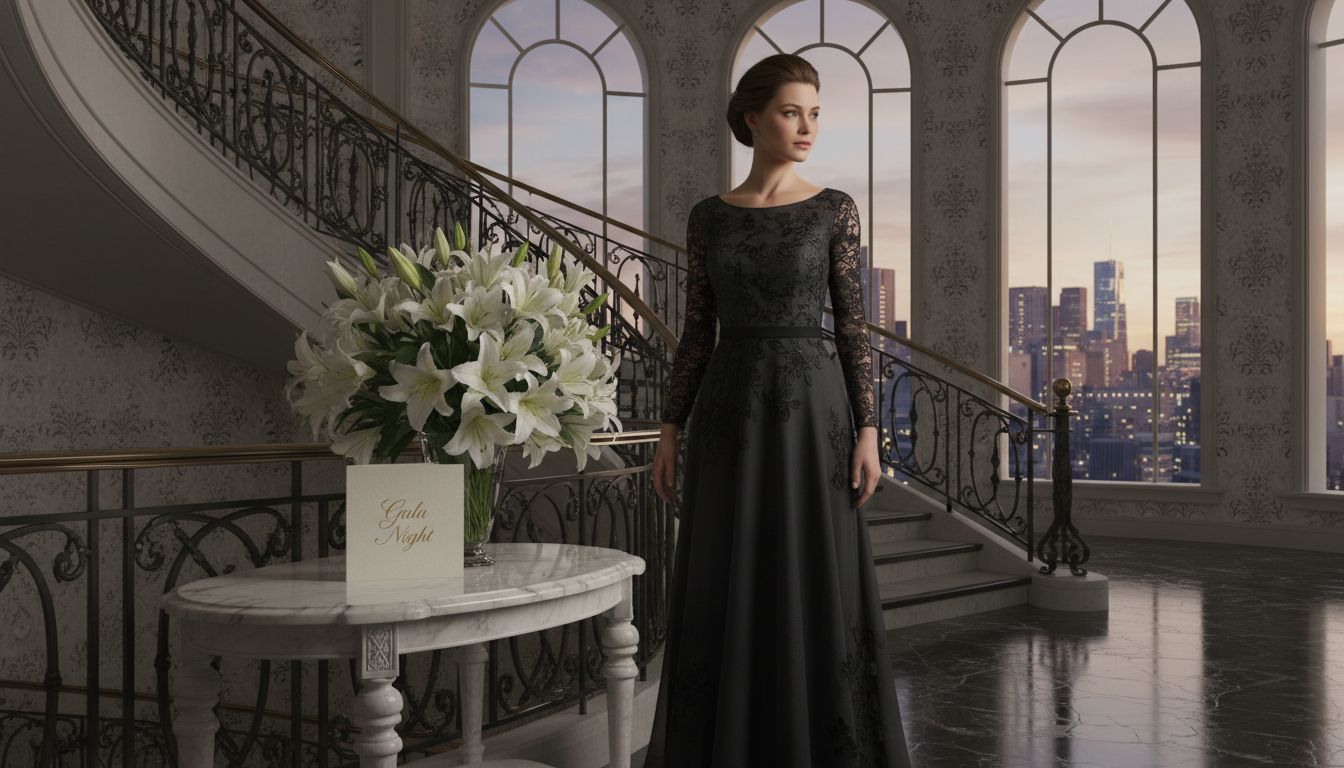Elegant woman in modest evening gown at gala