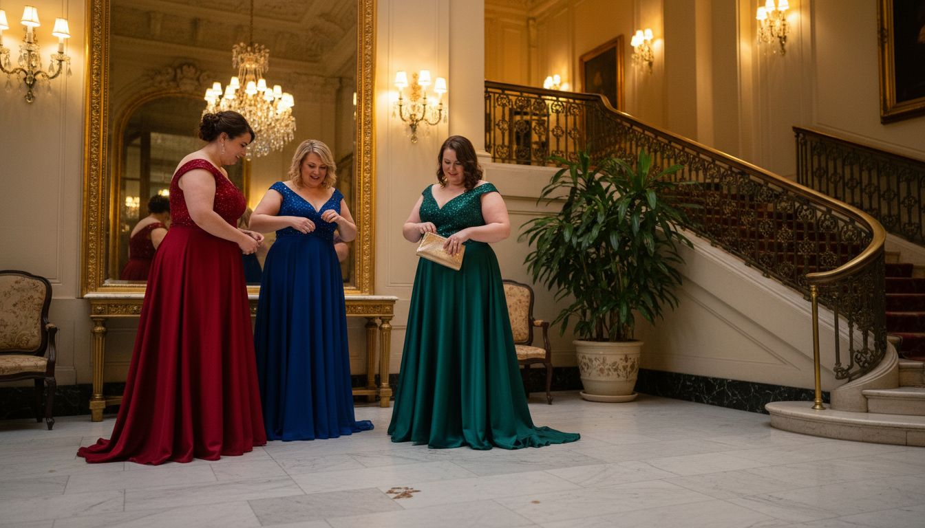 Women in plus size gowns at hotel lobby