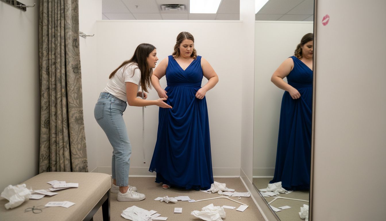 Woman adjusting plus size dress in fitting room