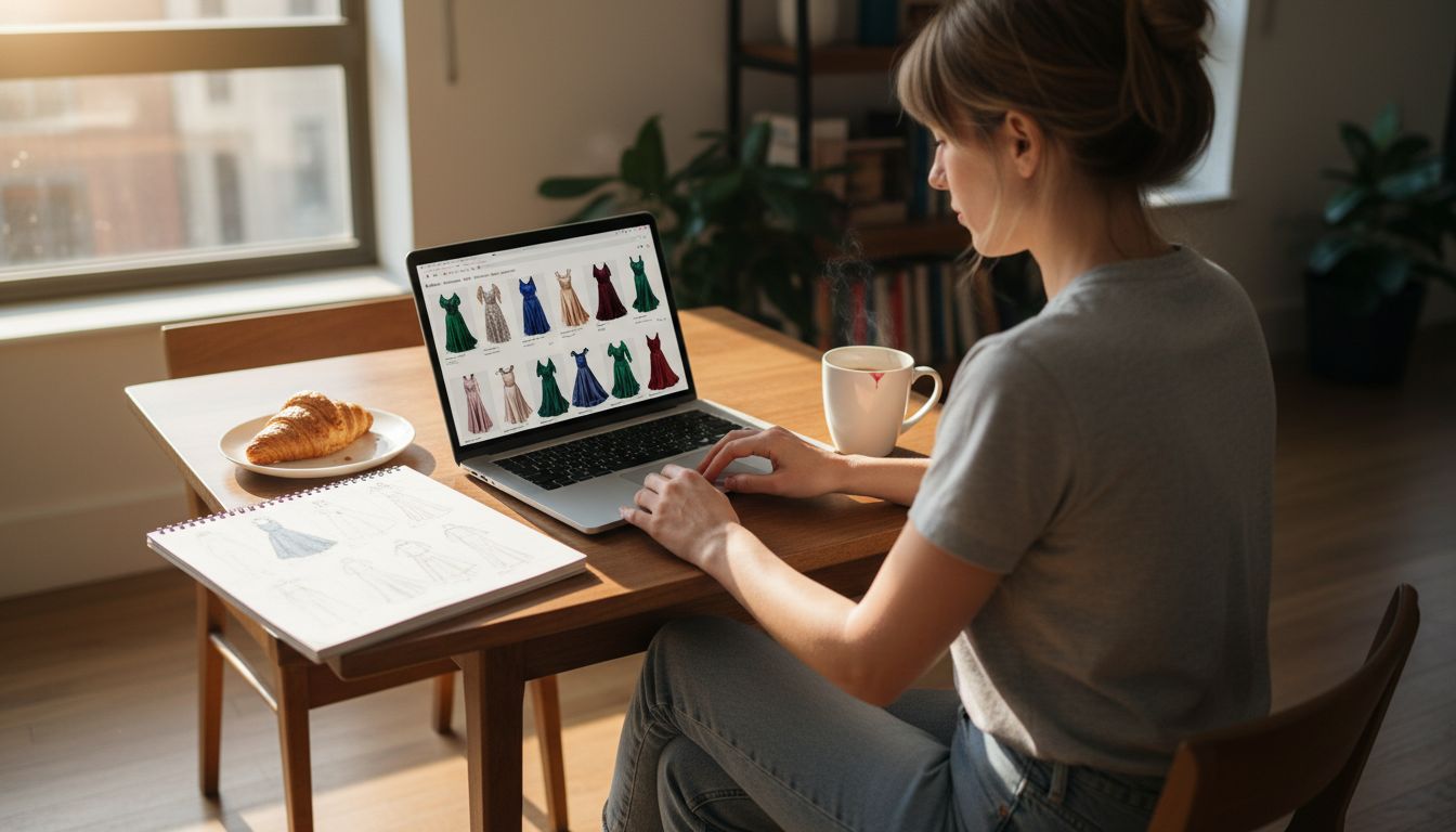 Woman viewing gala dress options on laptop at home