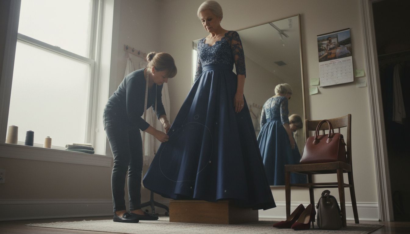 Seamstress adjusts mature woman’s ball gown