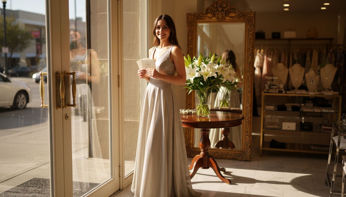 Woman in Dave & Johnny gown at boutique entrance